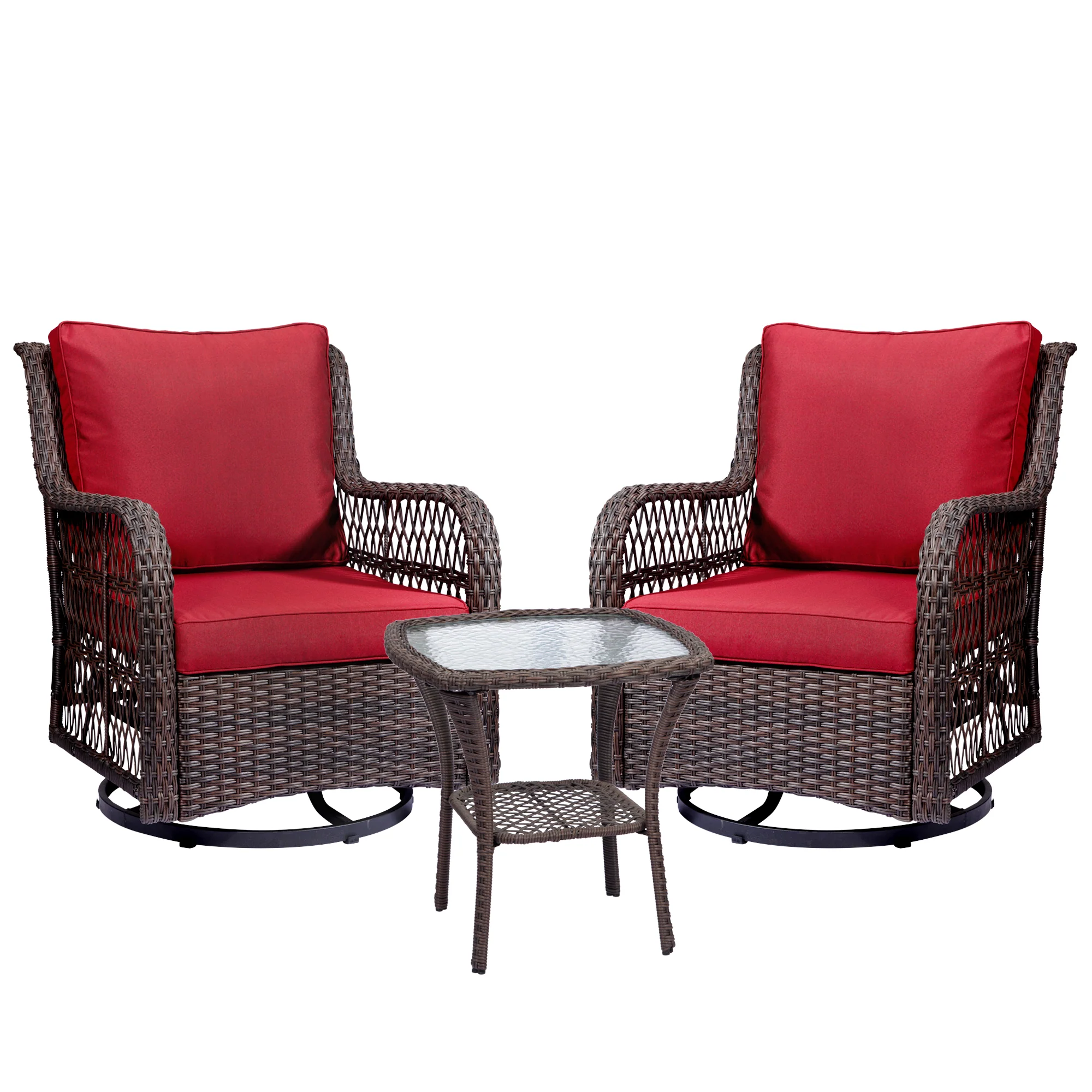 Garvee 3 Pieces Rattan Swivel Rocking Chair Outdoor, Patio Bistro Conversation Furniture Set, Wicker Chair with Cushions and Table - Red