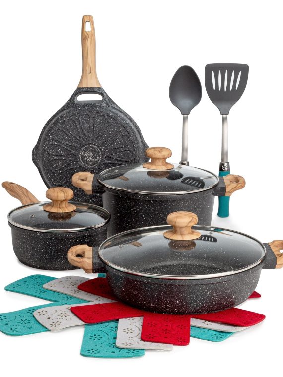 2026 The Pioneer Woman Prairie Signature 12-Piece Cast Aluminum Cookware Set, Charcoal Speckle