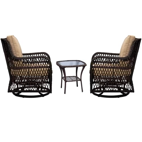 Garvee 3 Pieces Rattan Swivel Rocking Chair Outdoor, Patio Bistro Conversation Furniture Set, Wicker Chair with Cushions and Table