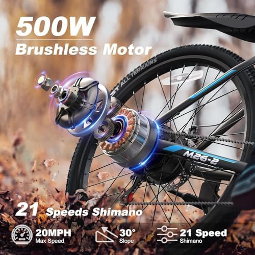 2026 Electric Bike – 500W Electric Bike for Adults with 48V Removable Battery – 26′′” Ebike Up to 45 Miles  20 MPH with 21 Speed Gears & Dual Front Fork Suspensions  Blue  M26-2