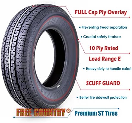 2026 Grand Ride Set 4 FREE COUNTRY Trailer Tires ST225/75R15 10 Ply Load Range E Steel Belted Radial w/Featured Scuff Guard 8mm Tread Depth