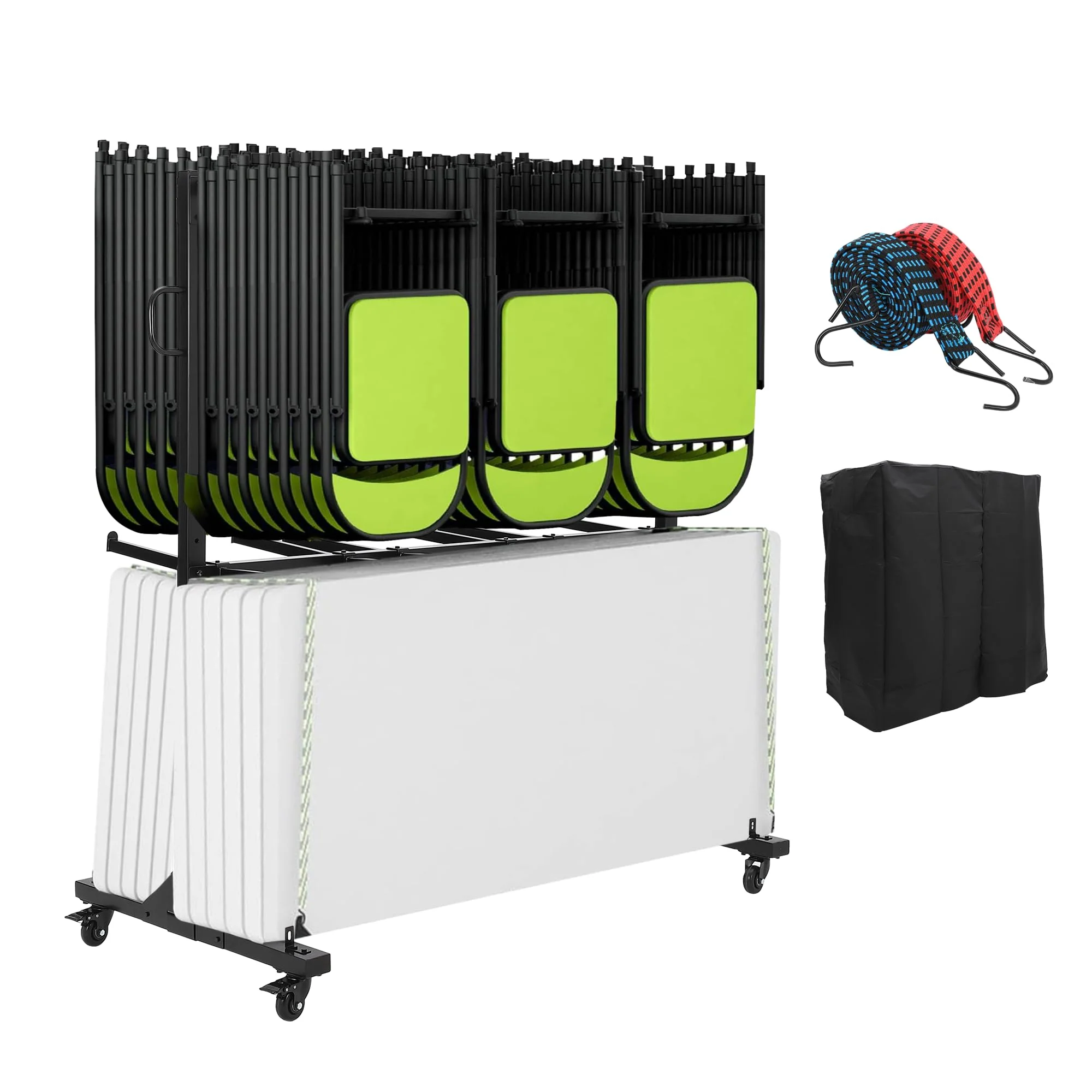 Garvee Folding Table and Chair Cart, Folding Chair Strorage Rack with Cover, Height Adjust, PVC Lock Wheels, 530 LBS Capacity for 84 Chair, Heavy Duty Metal Chair Rack.