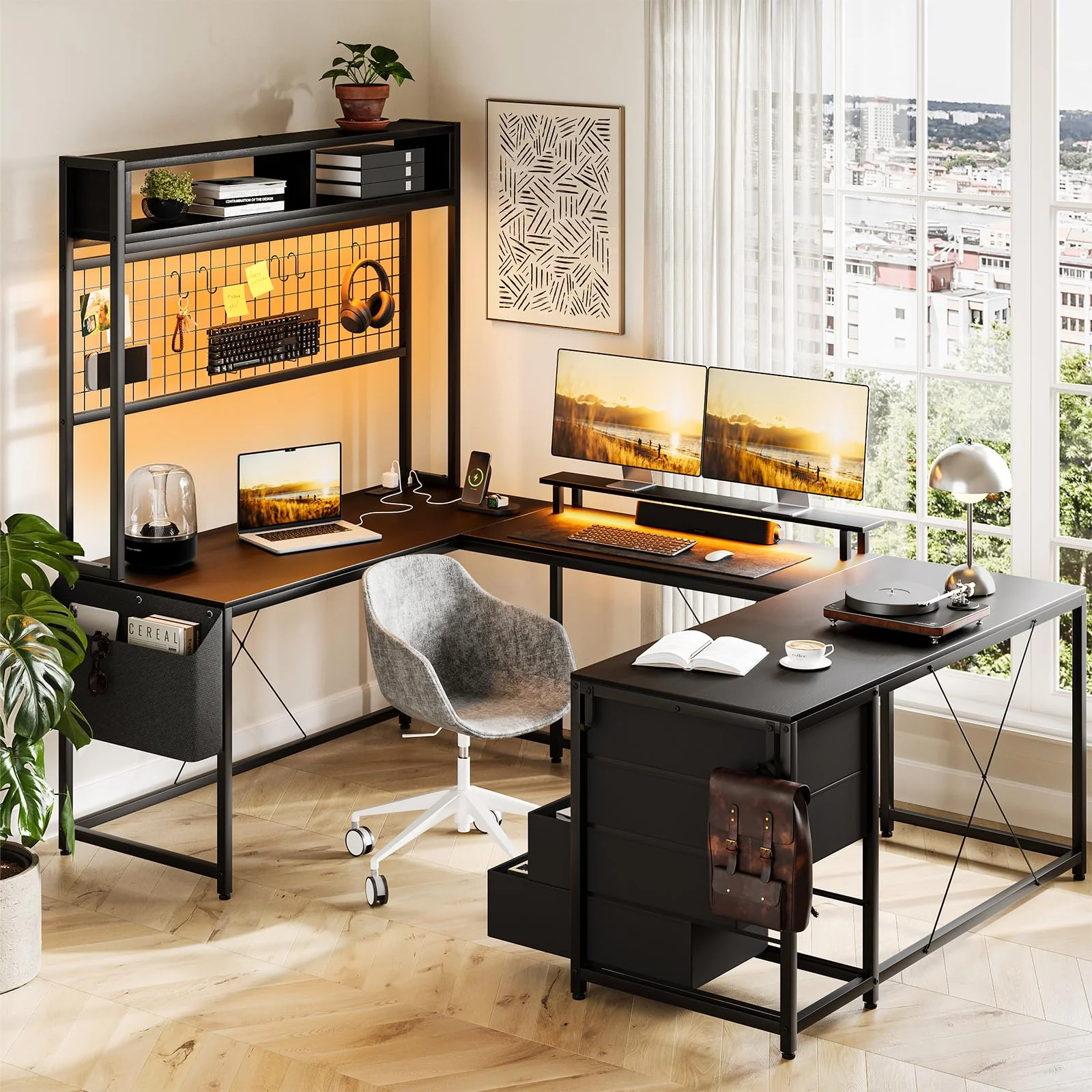 Garvee U Shaped Desk with Monitor Stand and LED Lights, U Shaped Gaming Desk with Storage Shelves, Large Computer Desk with Power Outlets, Large Corner Office Desk with 4 Drawers,Black