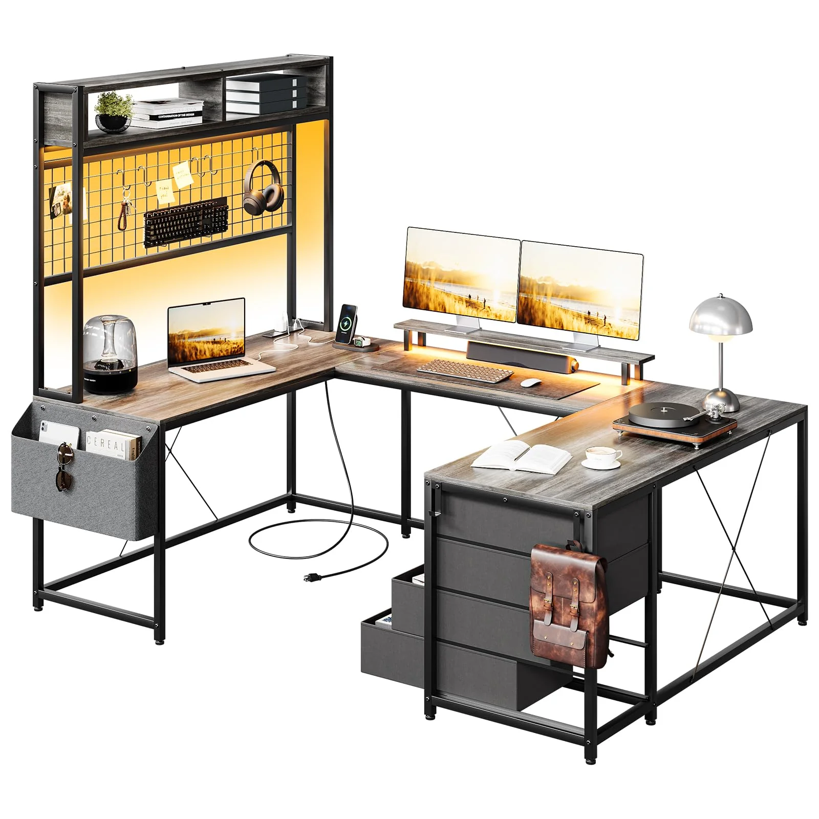 Garvee U Shaped Desk with Monitor Stand and LED Lights, U Shaped Gaming Desk with Storage Shelves, Large Computer Desk with Power Outlets, Large Corner Office Desk with 4 Drawers,Oak
