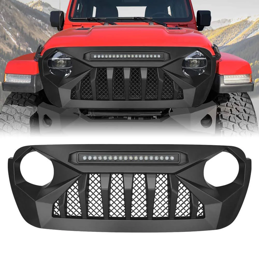 American Modified Grill Grille Front Cover for 2018-2020 Jeep Wrangler JL JLU & Unlimited Accessories, ABS (JL Demon Grill w/LED)