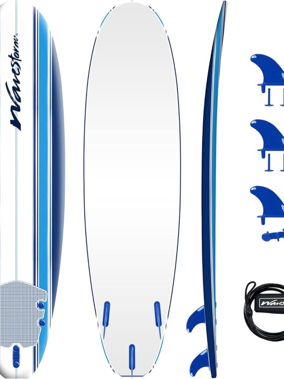 2026 Wavestorm Classic Soft Top Foam 7′ Surfboard for Beginners and All Surfing Levels Complete Set Includes Leash and Multiple Fins Heat Laminated  Blue Pinline