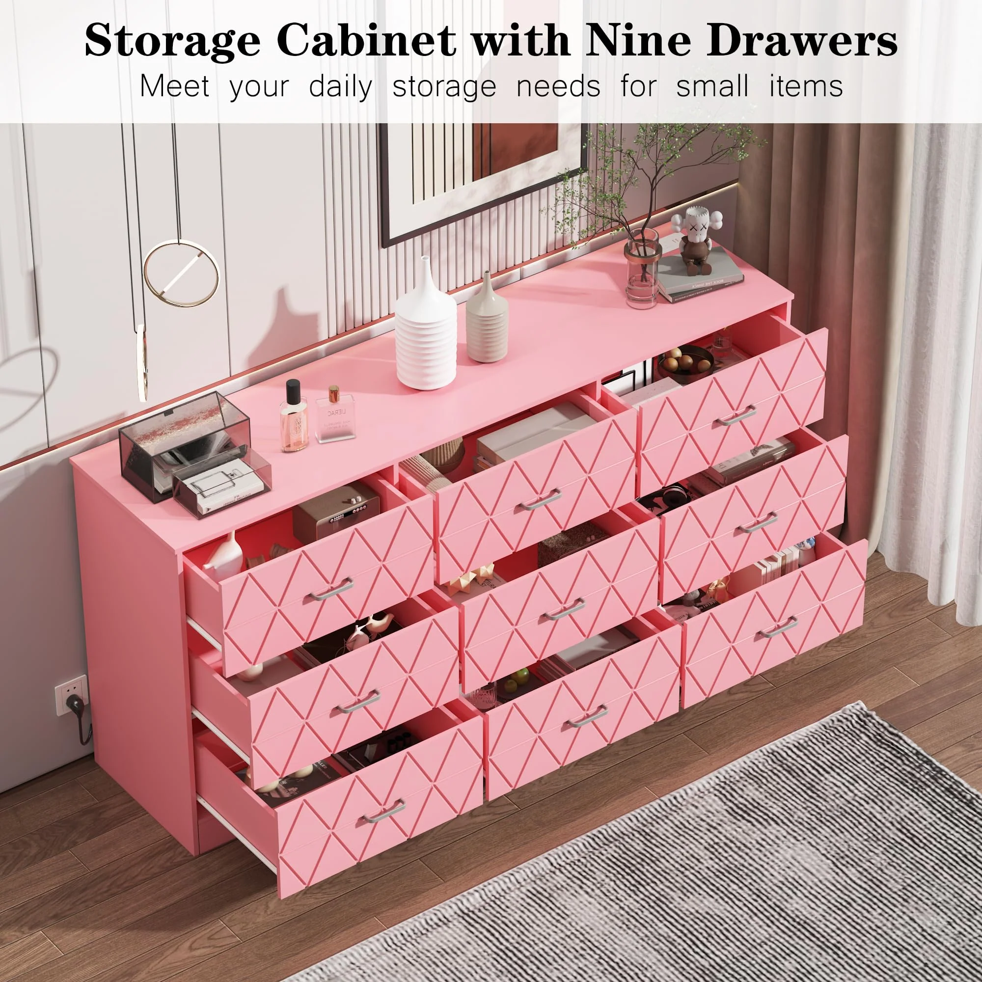 Garvee Modern Pink Bedroom Dresser with 9 Drawers, 63
