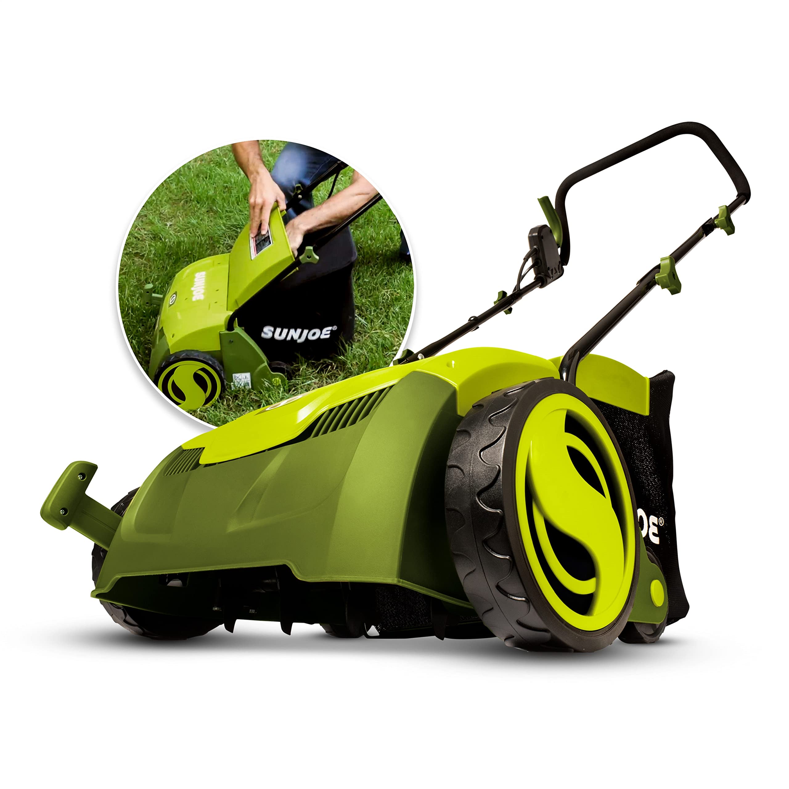 2026 Sun Joe AJ801E 12-Amp, Electric Dethatcher and Scarifier w/Removeable 8-Gallon Collection Bag, 5-Position Height Adjustment, Airboost Technology Increases Lawn Health, 13 inch, Green