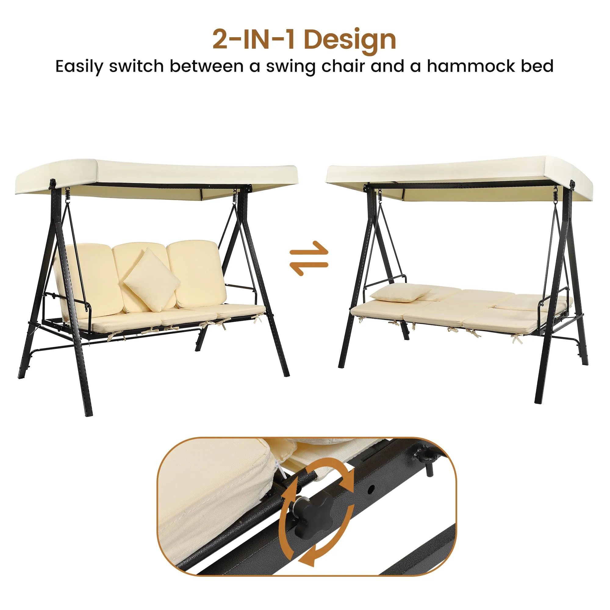 Garvee 3-Seat Outdoor Patio Swing Chair, 2-in-1 Extended Patio Swings Chair with Canopy,Outdoor Porch Swing,Garden Swing,Outdoor Seating for Backyard,Heavy Duty Swing Set,Antique