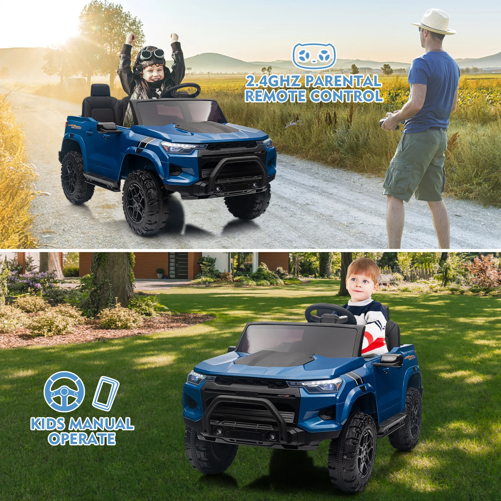 Garvee 24V Kids Ride On Car 2 Seater Electric Ride On Toy for Toddlers Battery Powered Truck Car With Remote Control, Battery Display, Handle, Trunk, LED Lights, Music (Blue)