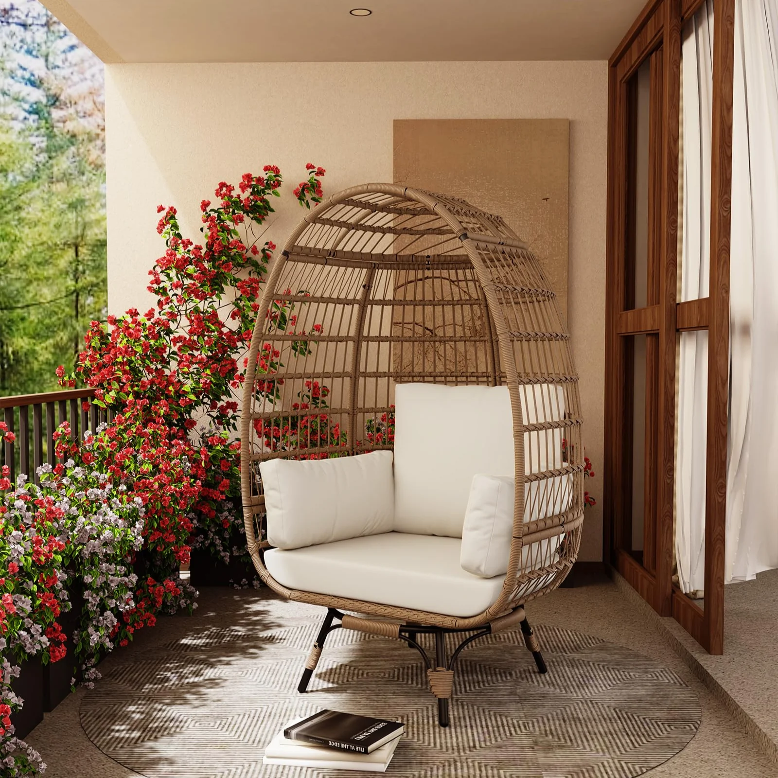 Garvee 360° Swivel Egg Chair, Oversized Patio Rotating Basket Chair, Steel Frame and Metal Base, Waterproof, PE Rattan Lounge Chair for Indoor & Outdoor Patio, Living Room, and Backyard, Beige