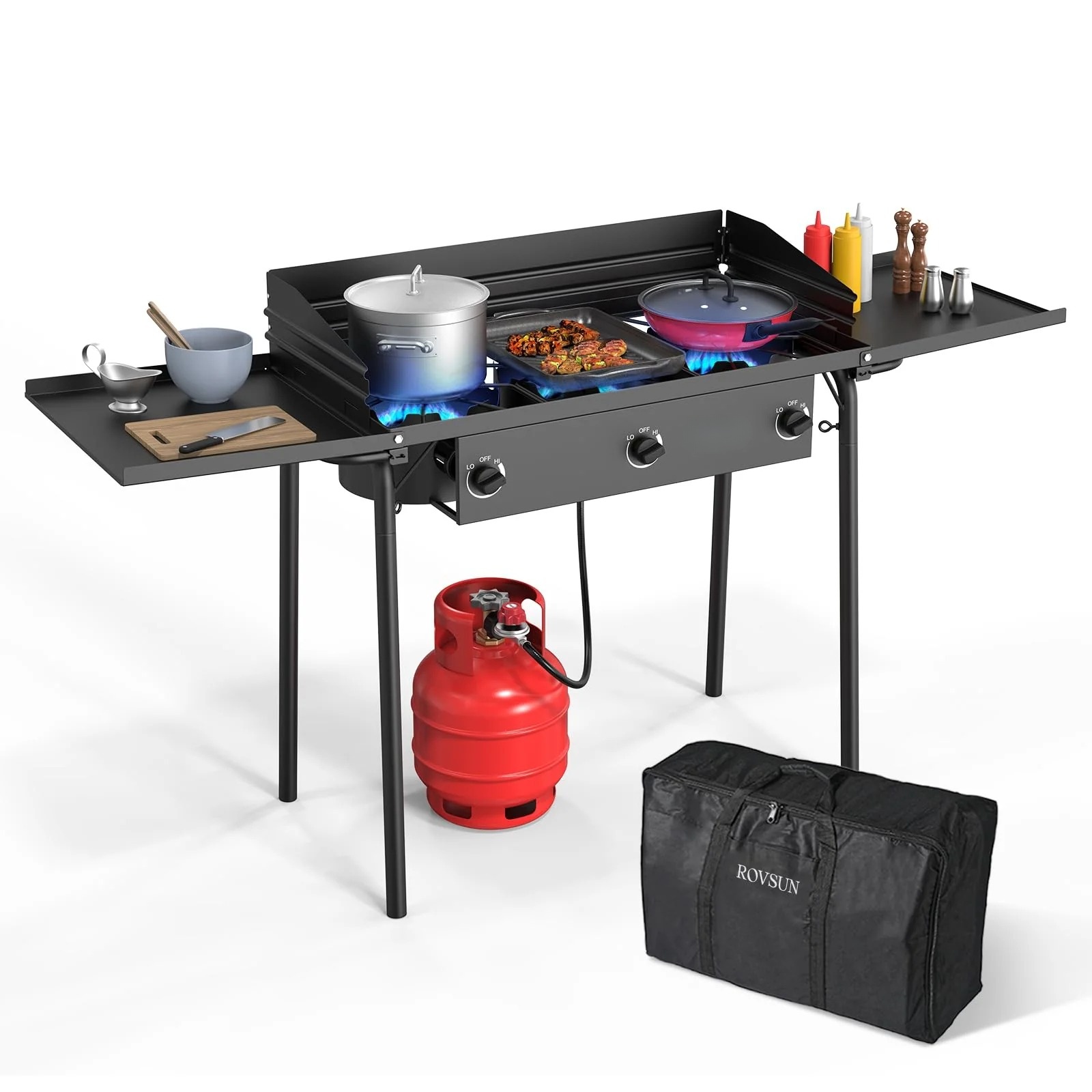 3 Burner 225,000 BTU Outdoor Gas Propane Stove with Windpanel & Side Shelves & Carrying Bag