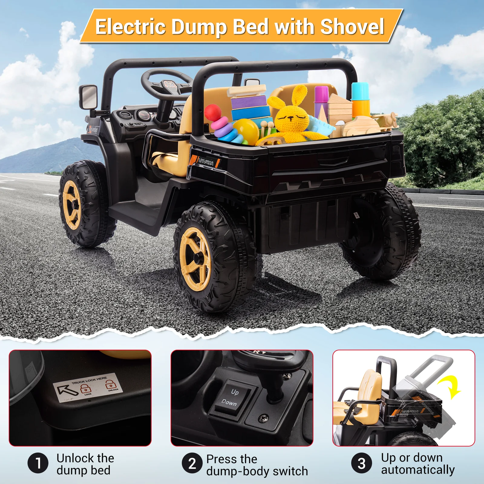Garvee 24v Ride On Dump Truck, 2 Seater Electric Ride On Car Toy for Kids, Battery Powered UTV with 4x35W Motors, Shovel, Bluetooth, Remote Control, Music, LED Lights for Boys & Girls, Black