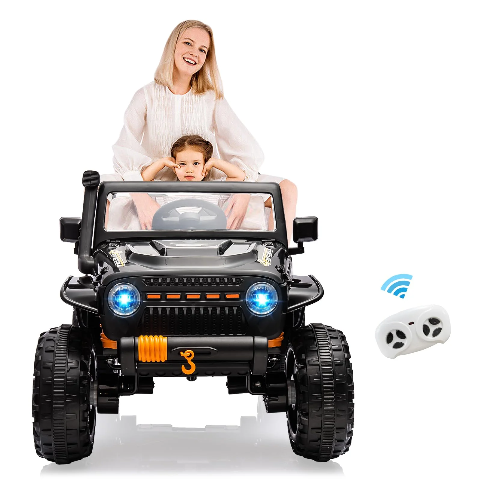 Garvee 24V 2 Seater Ride On Truck Car For Kid age 3 - 8 years, w/Remote Control, 4-Wheeler Suspension, 4x55W Powerful Engine, 4WD Battery Powered, LED Lights, Soft Braking - Black