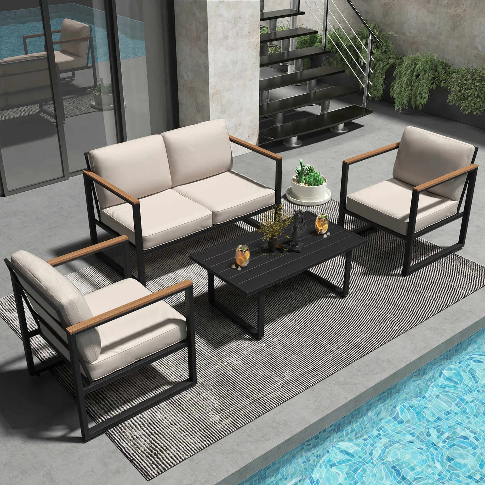 Garvee 4-Piece Outdoor Patio Furniture Set - Metal Conversation Set with Loveseat, 2 Chairs & Coffee Table - All-Weather Thick Cushioned Seating for Porch, Deck, Garden, Balcony, Bistro, Black, Beige