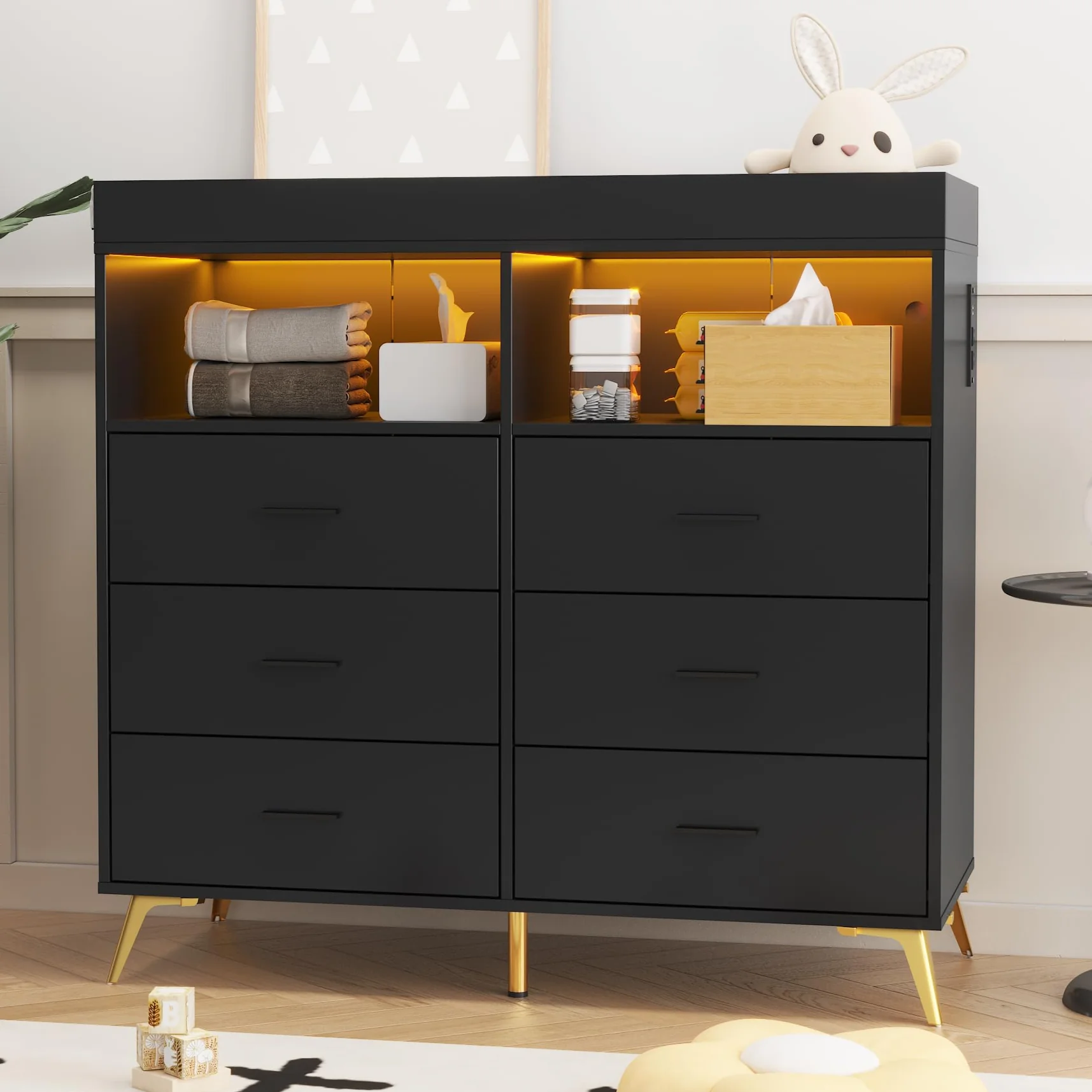 Garvee Changing Table Dresser with Drawers, Baby Dresser with Changing Table Top, Power Outlet, LED Light & Metal Feet, Diaper Changing Station Nursery Organizer for Infants Newborn, Black