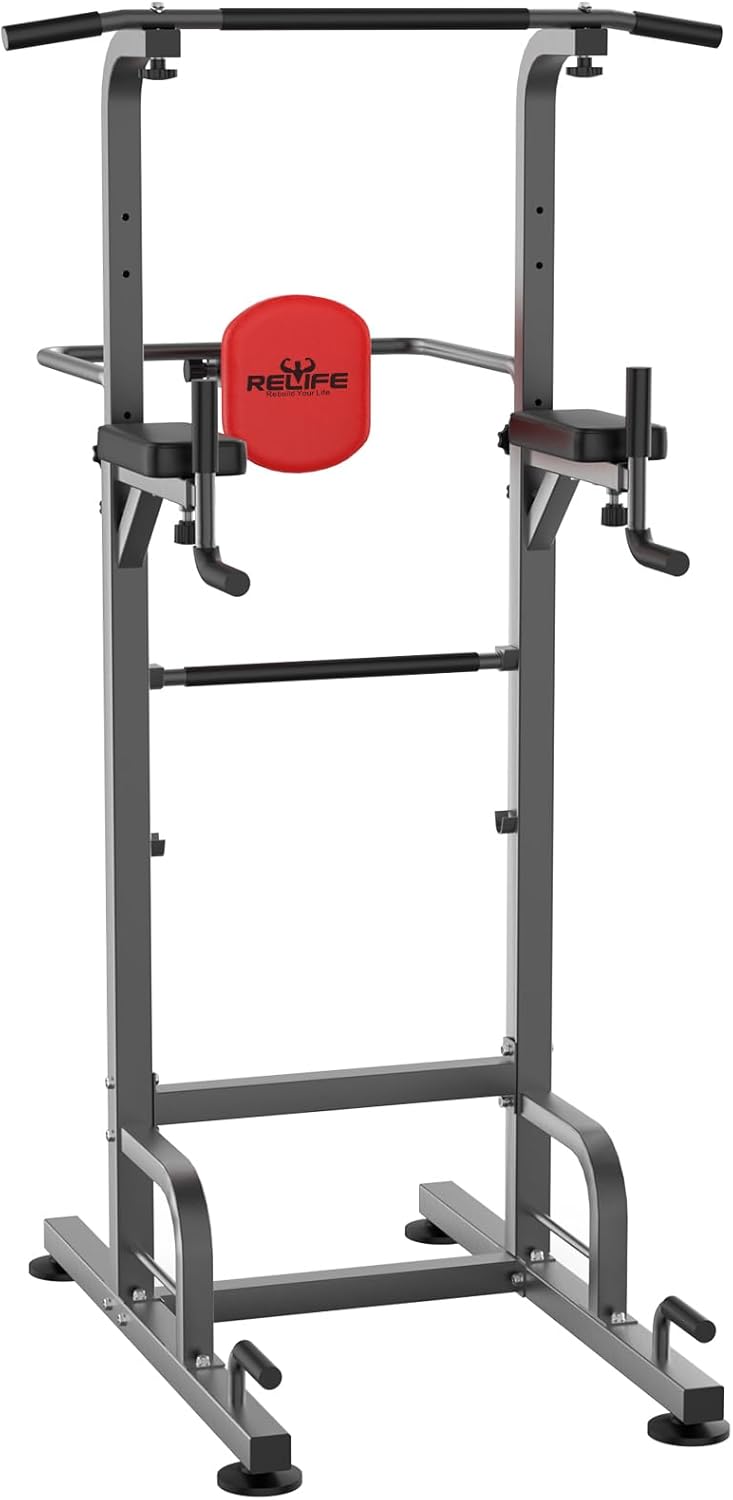2026 RELIFE REBUILD YOUR LIFE Power Tower Pull Up Bar Station Workout Dip Station for Home Gym Strength Training Fitness Equipment Newer Version 450LBS.