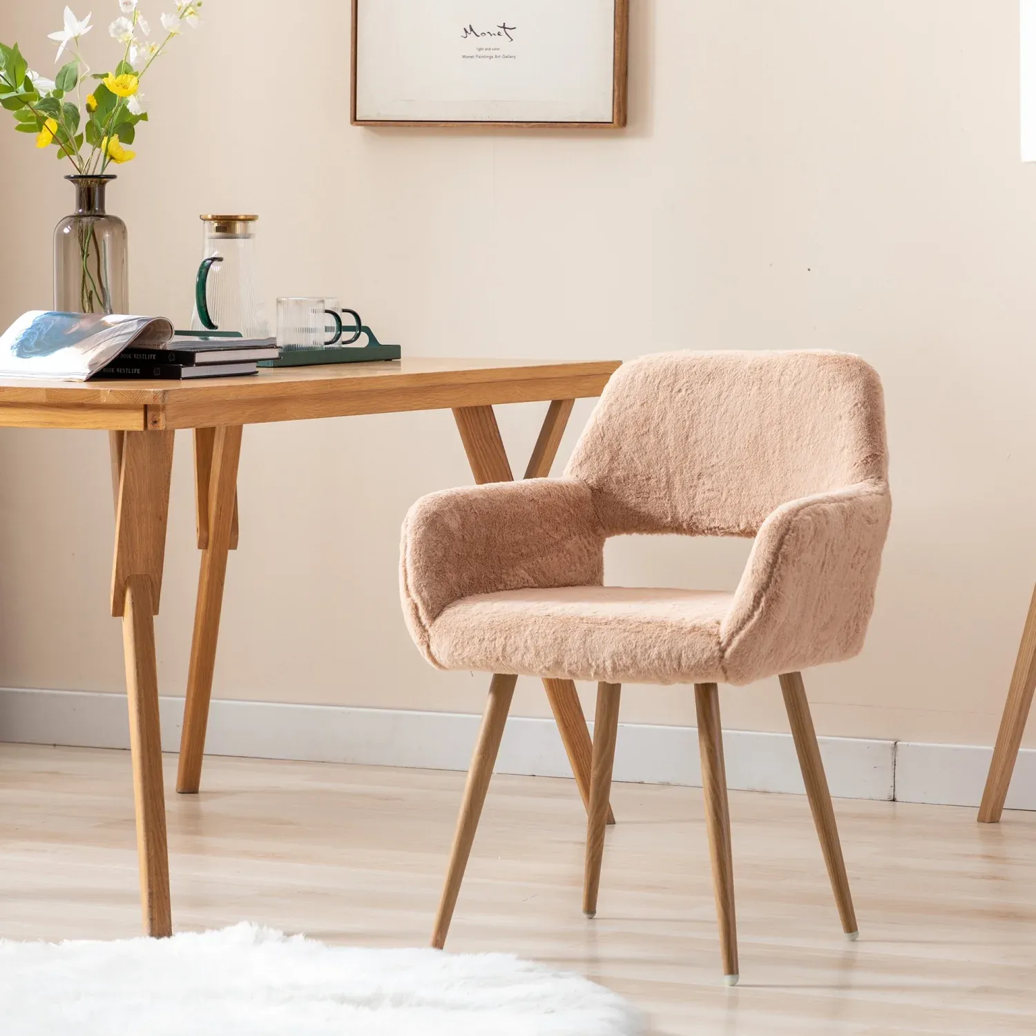Elegant and Luxurious Faux Fur HengMing Dining Chairs: Stylish Mid Century Side Chairs with Solid Painting Steel Leg for Comfortable Seating Experience in Your Dining Room Decor