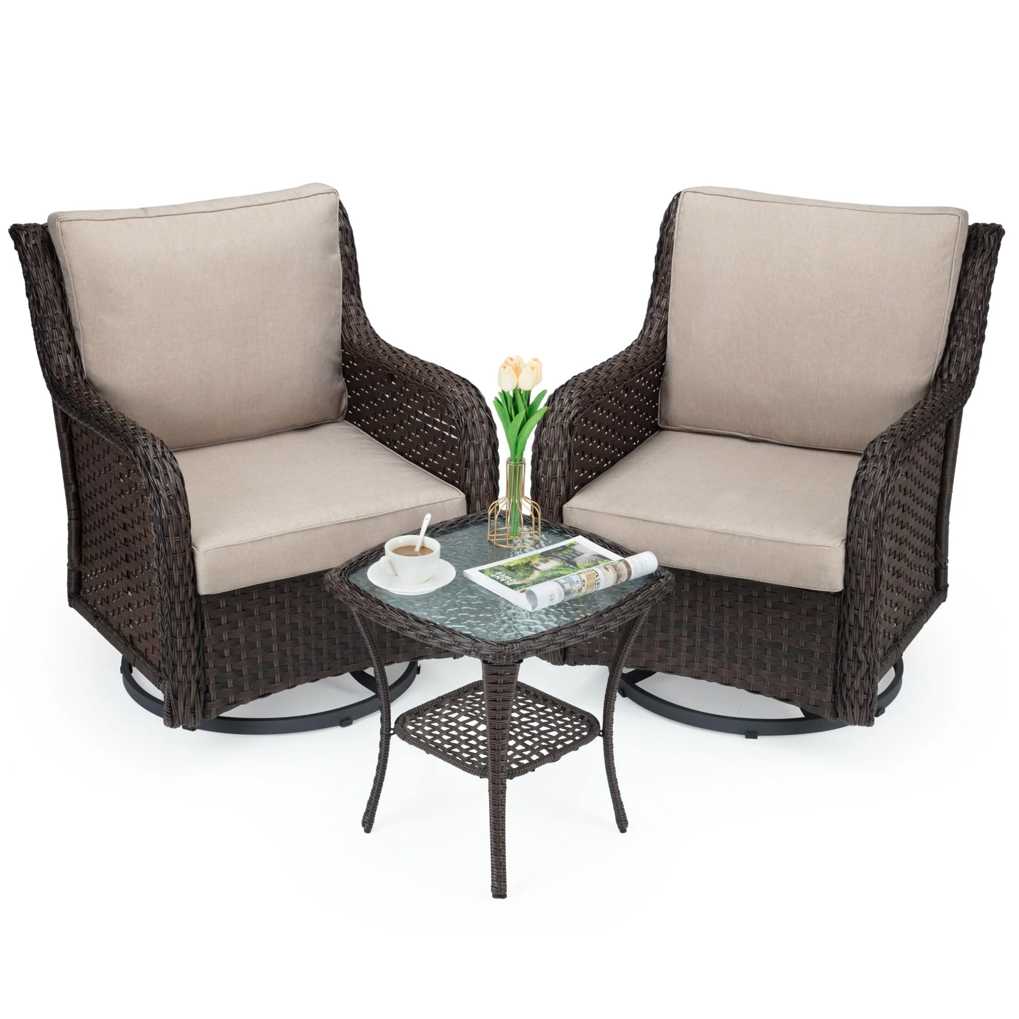Garvee 3-Piece Outdoor Rattan Swivel Rocking Chair Set - Patio Bistro Conversation Furniture with Cushions & Table, Beige Encrypted Rattan