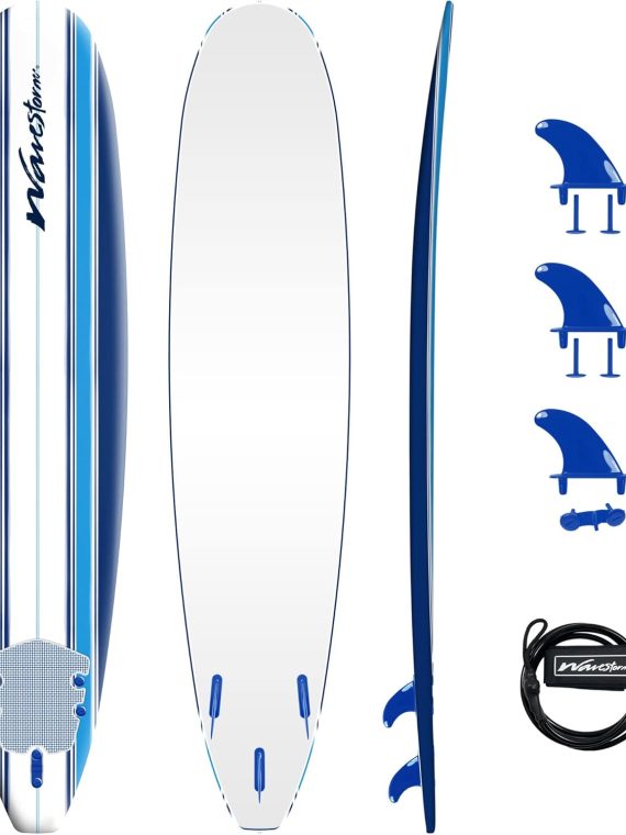 2026 Wave Storm – Classic Soft Top Foam 9ft Surfboard for Beginners and All Surfing Levels Complete Set Includes Leash and Multiple Fins Heat Laminated  Blue Pinline