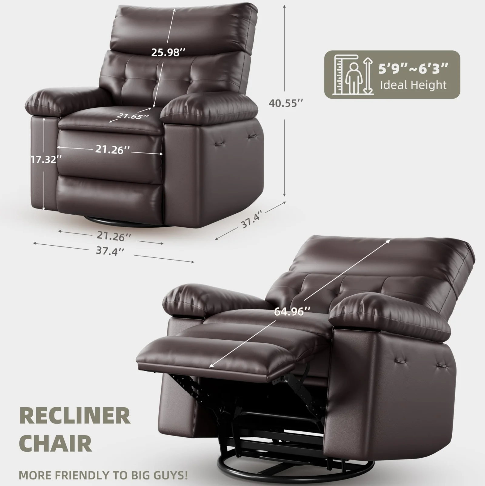 Garvee Oversized Recliner Chair - PU Leather Large Manual Recliner for Adults, Ultimate Comfort Lazy Boy with 1.5X Sponge Filling and Easy Recline Mechanism for Relaxation, Coffee