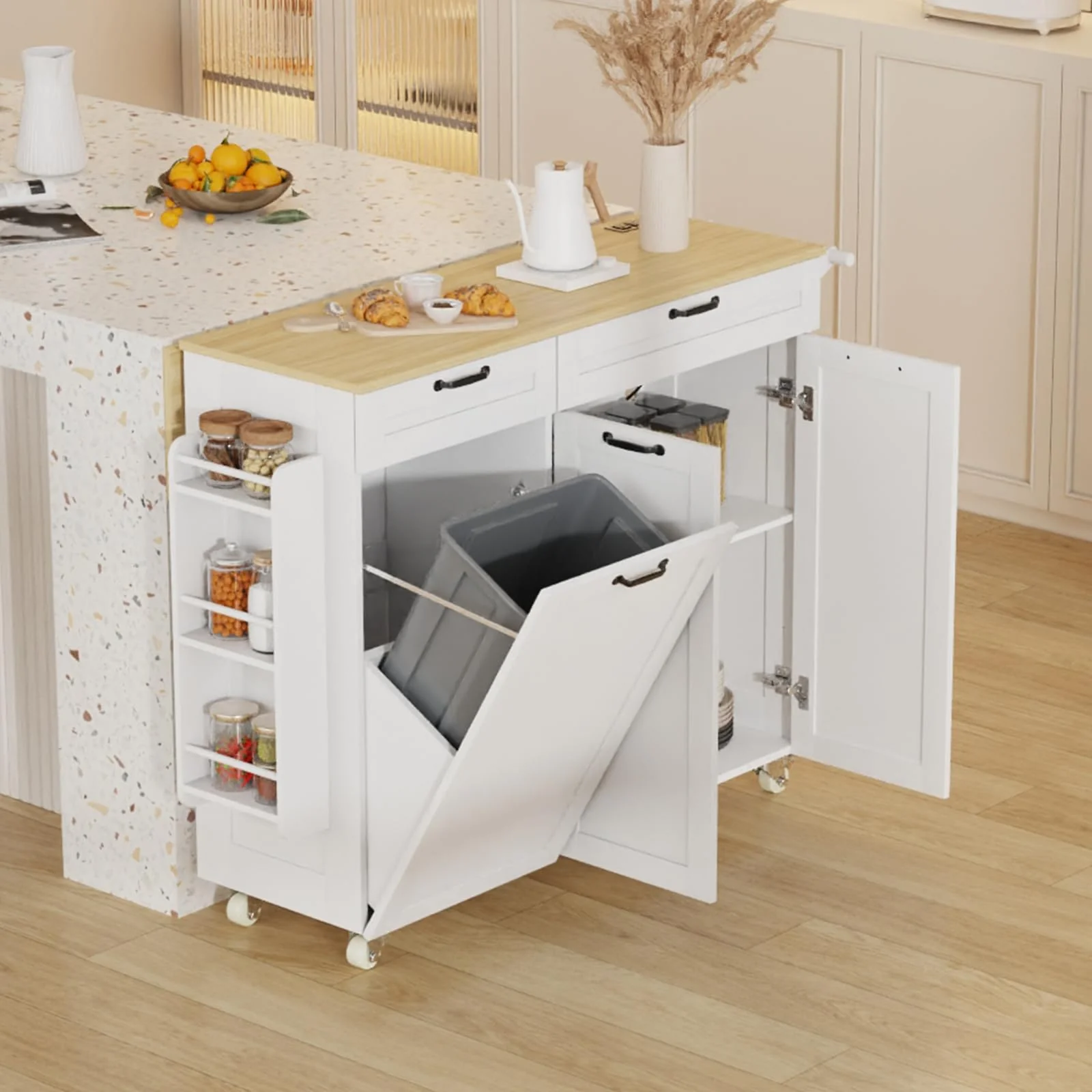 Garvee Rolling Kitchen Island with Trash Can Storage,Portable Trolley Islands with Drop Leaf & Power Outlet for Kitchen,Spice Rack,Mobile Island Table