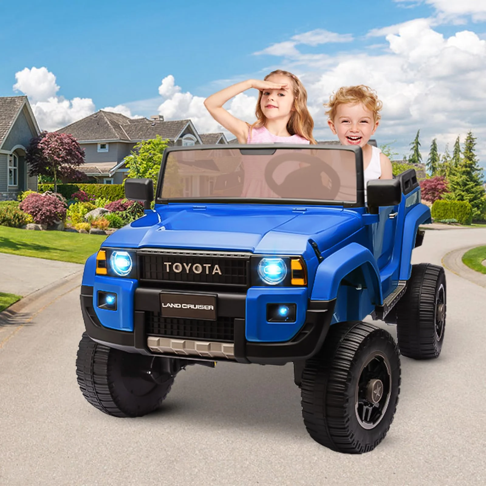 Garvee 24V 2 Seater Ride on Car, Garvee Licensed Toyota LC250 Ride on Toy for Big Kids with Remote Control, 4×100W Power 4 Wheels Ride on Truck with 4WD/2WD Switchable, Spring Suspension, Shovel, Music, Blue