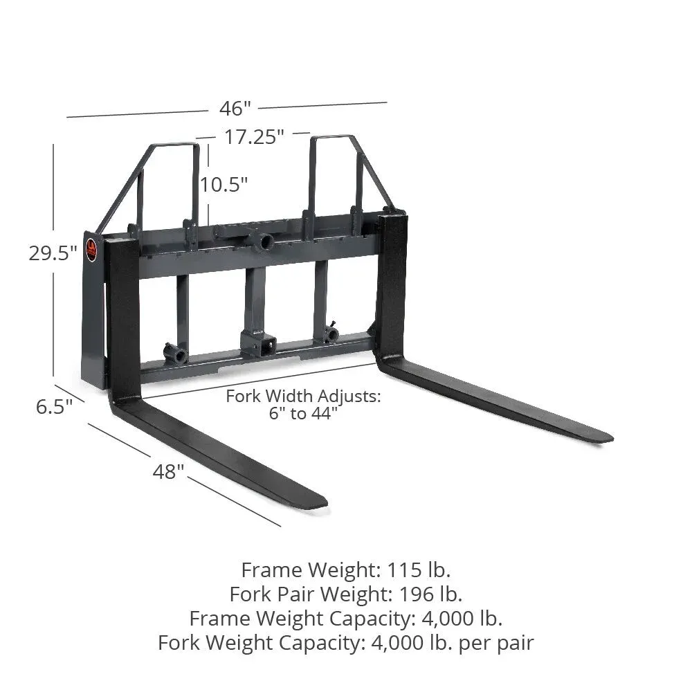 Titan Attachments UA USA Made Grey Step-Through Pallet Fork Frame Attachment, 48” Fork Blades, Rated 4,000 LB, Quick Tach Mounting