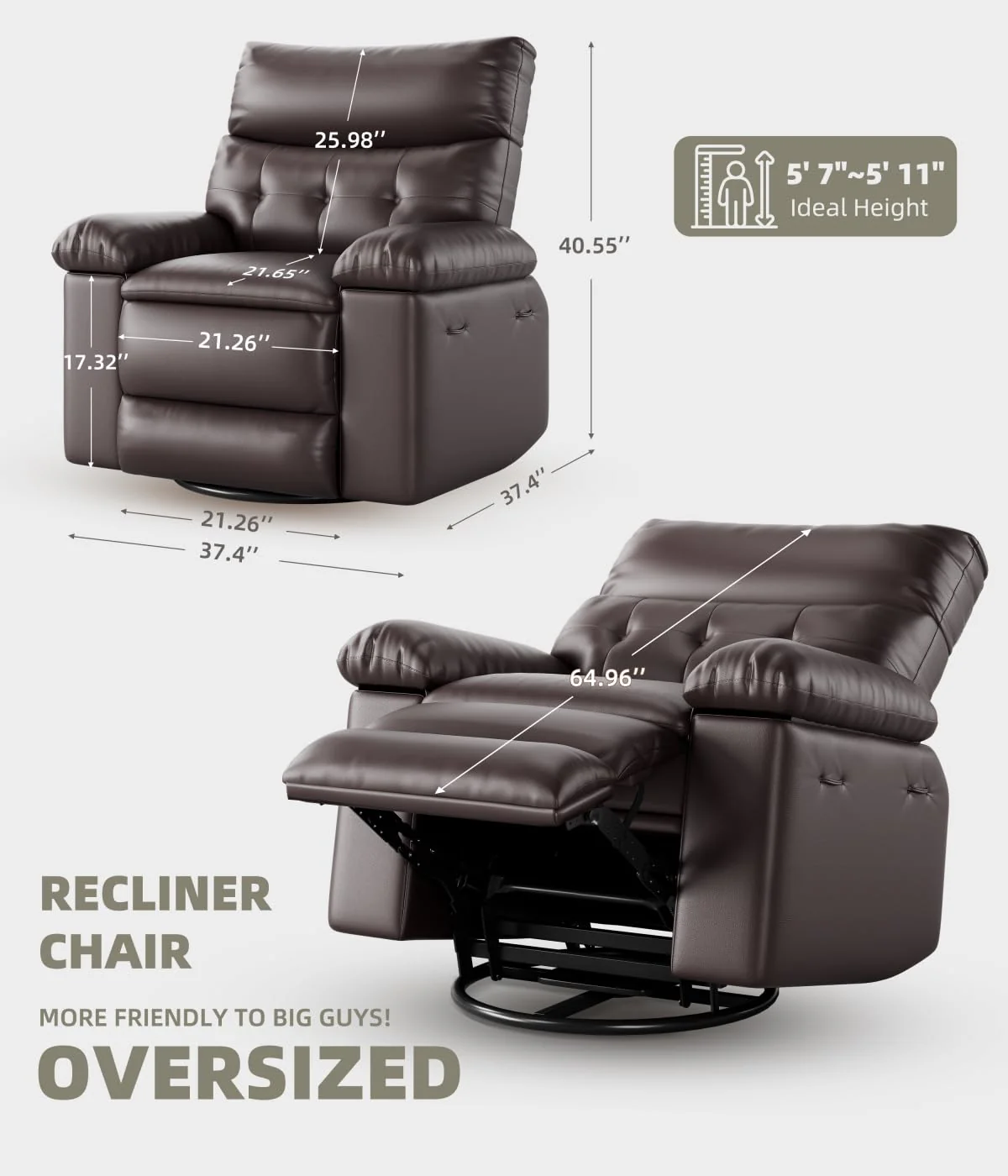 Garvee Oversized Recliner Chairs with Heat and Massage - 360° Swivel Lazy Boy Recliner Chair for Adults- Manual Rocking Chair with Cup Holder for Living Rooms, Bedrooms, and Nurseries - Brown