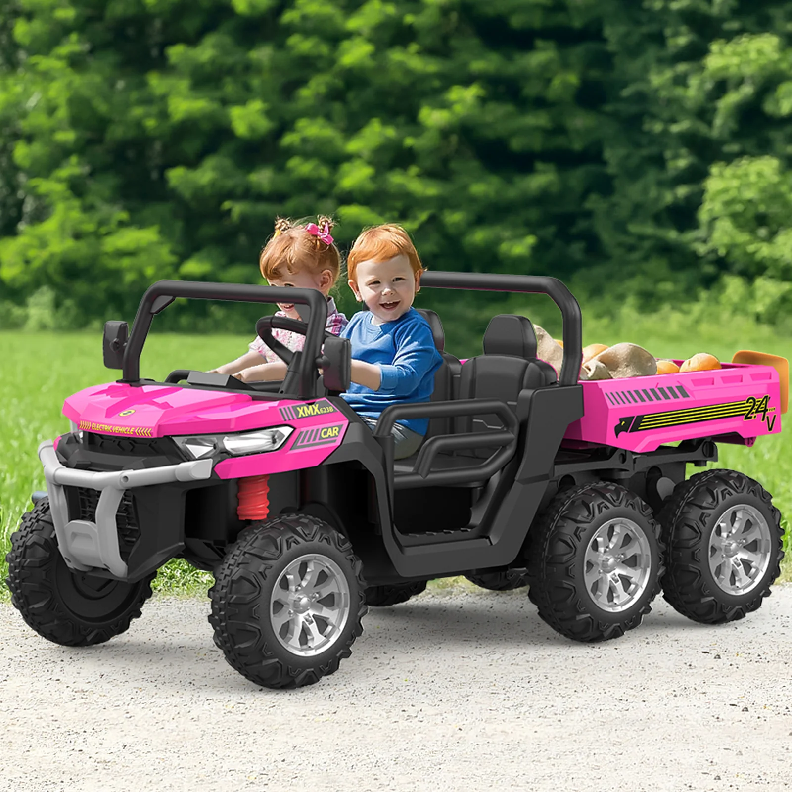 Garvee 2-Seater Ride on Car,6X6 24V Kids Ride On Dump Truck with Remote Control Electric Utility Vehicles UTV Battery Powered 6 Wheeler, for 3 years and up - Pink