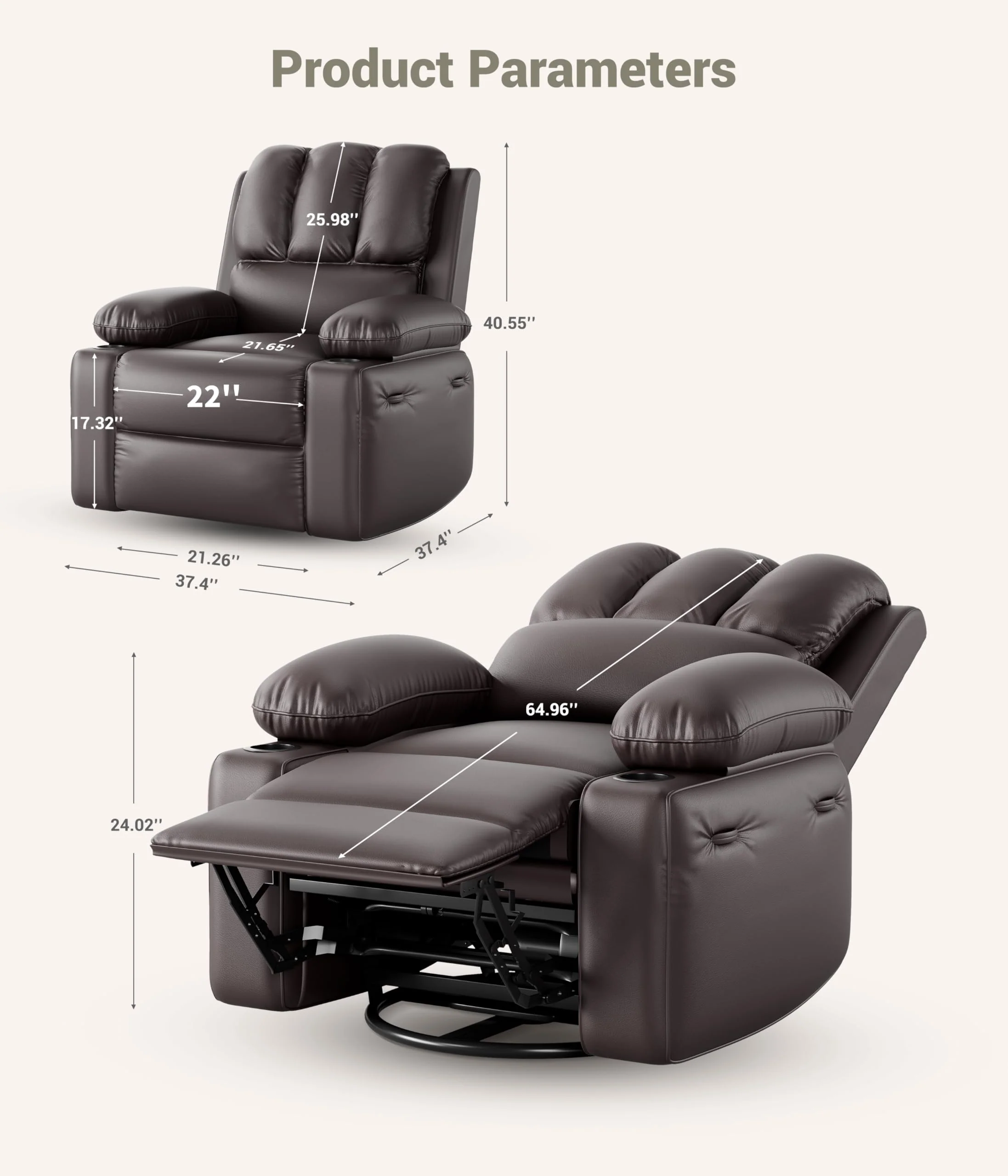 Garvee 22'' Massage Recliner Chair for Adults, Lazy Boy Recliner with Vibrating and Heating, PU Leather Recliner with Cup Holders and Side Pockets, for Living Room, Bedroom, and Nursery, Coffee