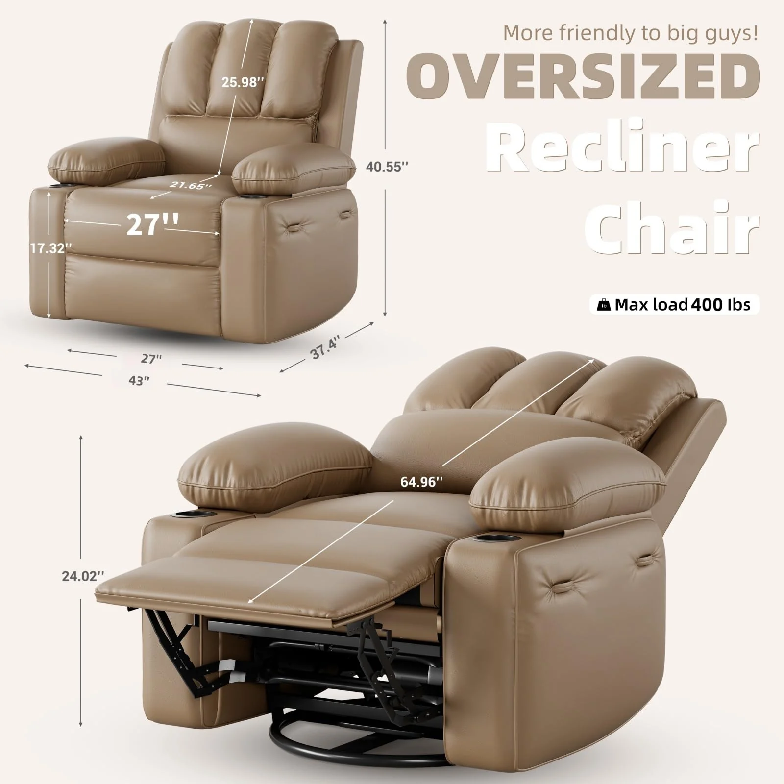 Garvee 27'' Recliner Chair Oversized, Manual Recliner for Adults, Lazy Boy with 1.5x Sponge Filling, Cup Holder, and Retractable Armrests, for Living Rooms, Bedrooms, and Nurseries