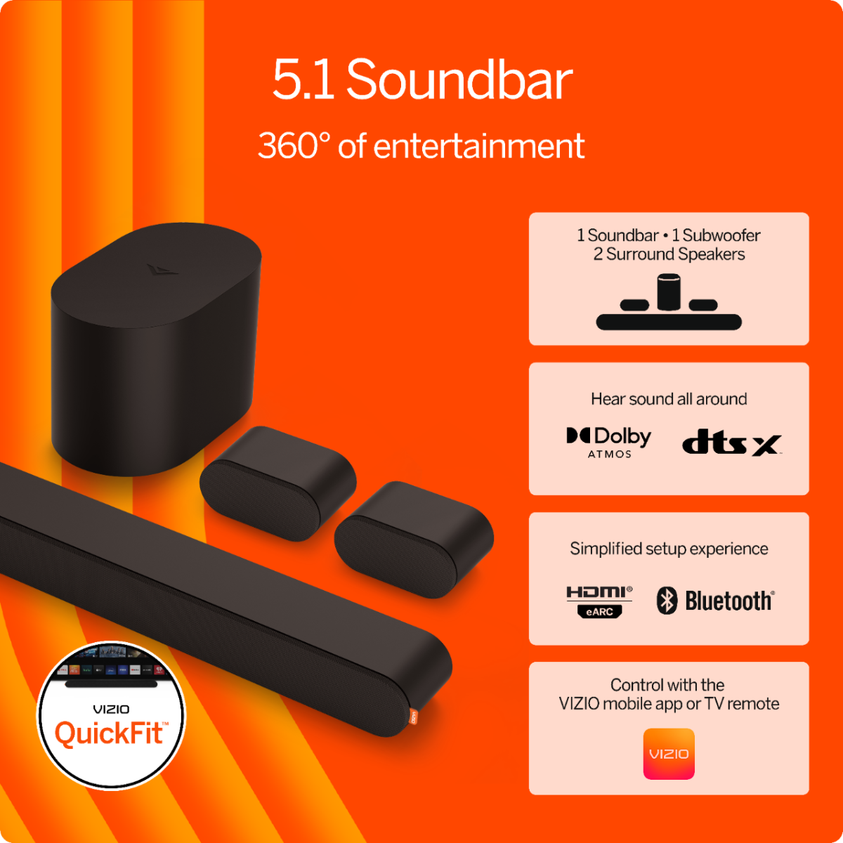 2026 VIZIO 5.1 Soundbar, Wireless Subwoofer, Surround Sound w/ Dolby Atmos and DTS:X – Black
