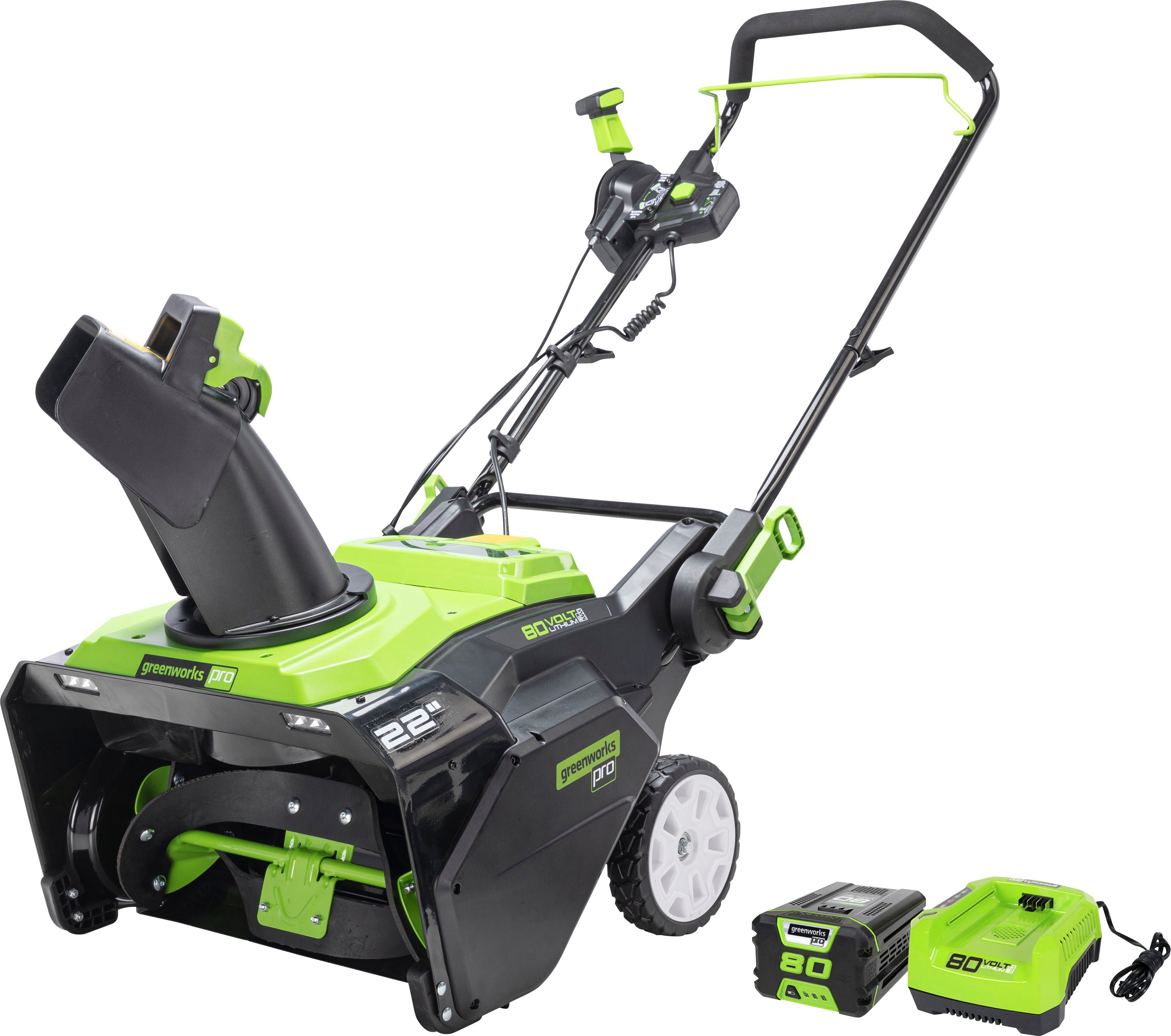 2026 Greenworks – 80V 22” Cordless Brushless Snow Blower with 4.0 Ah Battery and Rapid Charger – Black/Green