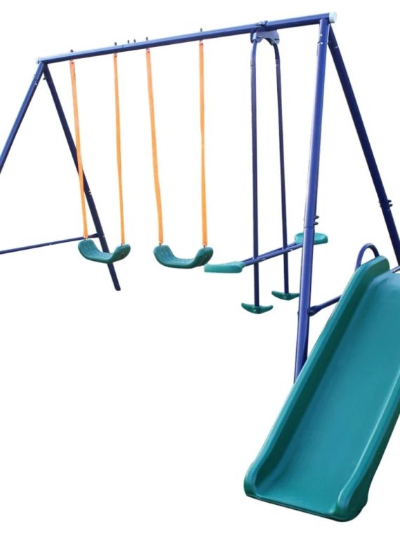 2026 Swing Set, A-Frame Metal Swingsets with Slide Steel Chain and Thick Durable Rope, Safe and Comfortable Kids Swing Set with U-shaped Curve Design for Backyard Outdoor, Blue, Green, Orange