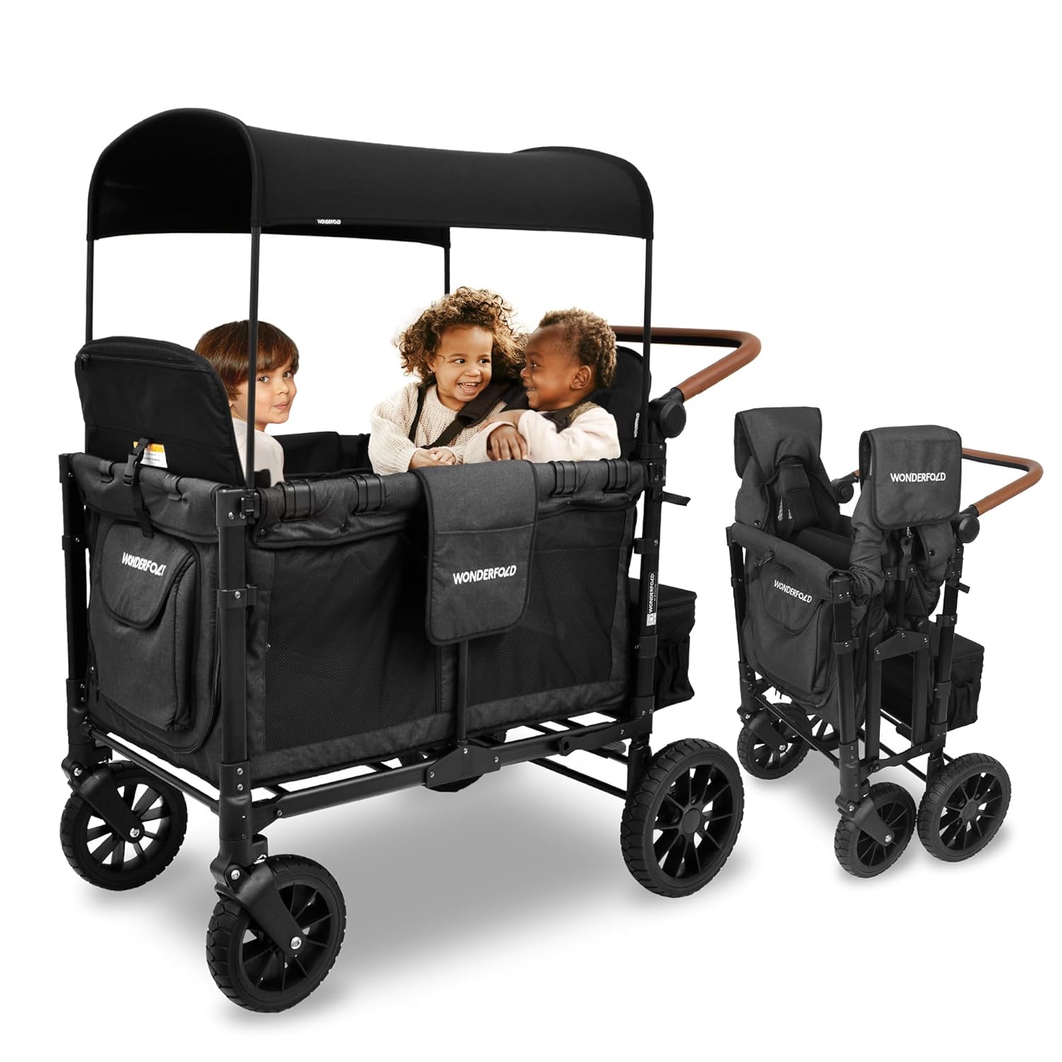 2026 WONDERFOLD W4 Luxe Quad Stroller Wagon (4 Seater) – Collapsible Wagon Stroller with Seats with Magnetic Buckle 5-Point Harnesses and Adjustable Sun Canopy  Black