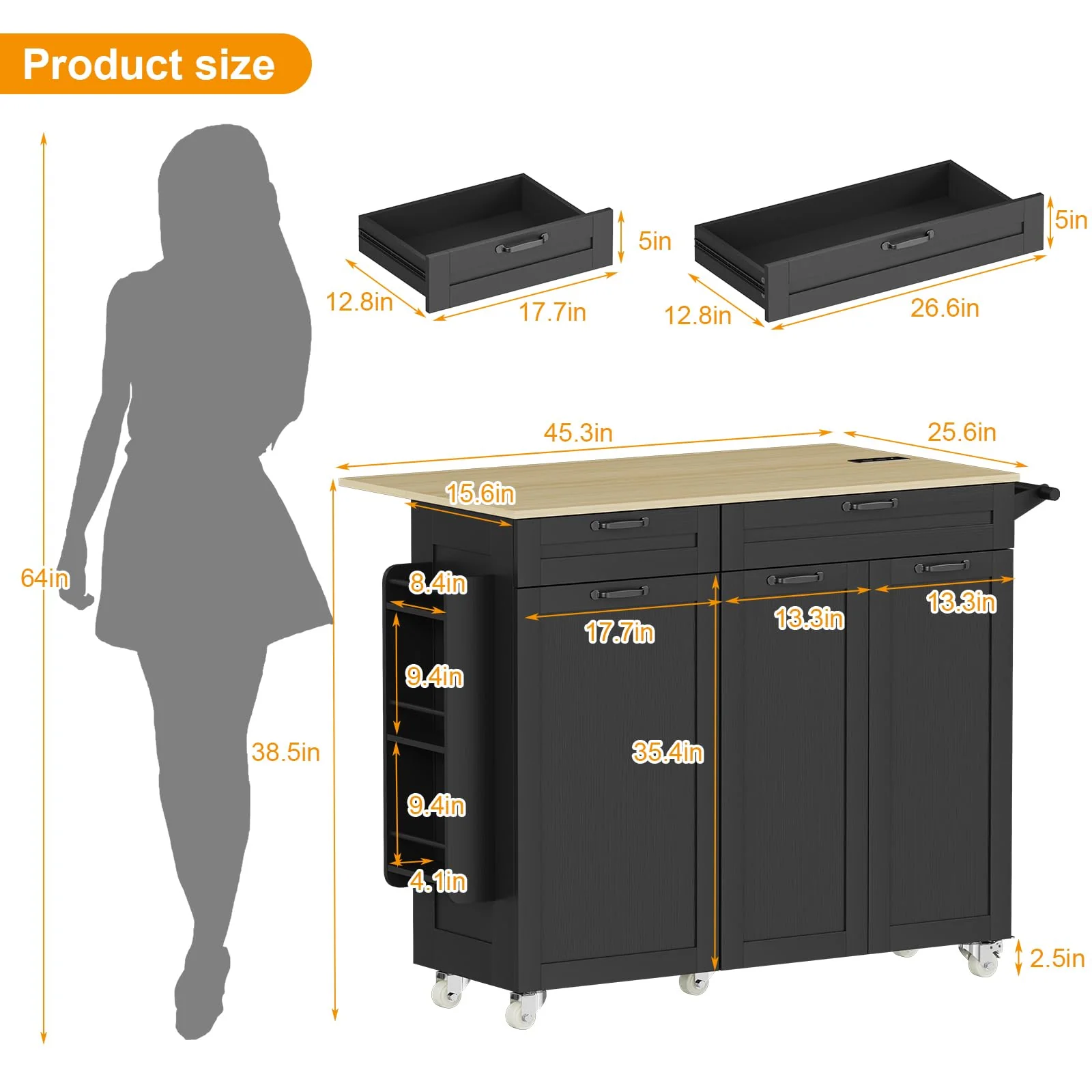 Garvee Rolling Kitchen Island with Trash Can Storage, Portable Trolley Islands with Drop Leaf & Power Outlet for Kitchen, Spice Rack, Mobile Island Table, Black