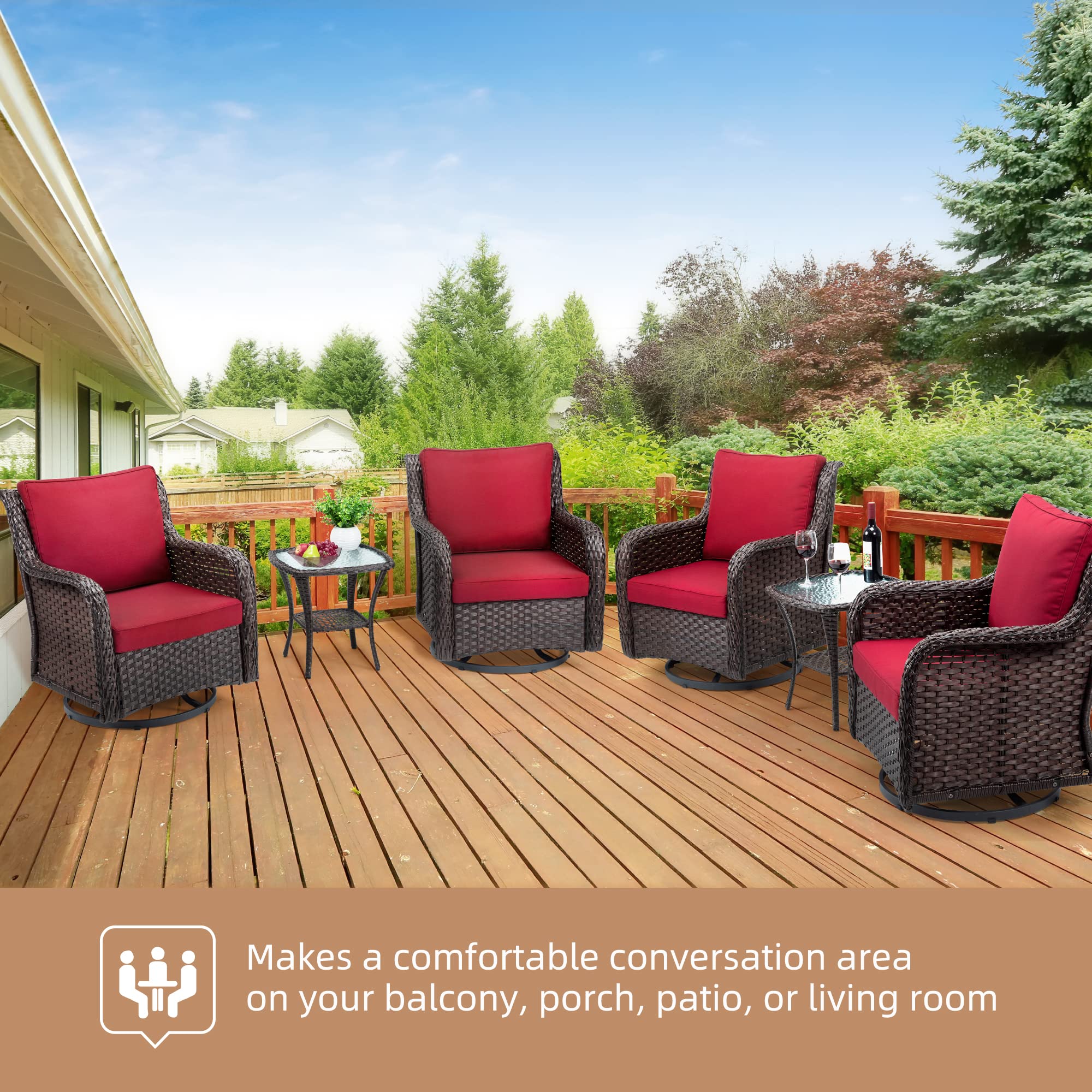 Garvee 3-Piece Outdoor Rattan Swivel Rocking Chair Set - Patio Bistro Furniture with Cushions & Table, Wicker Chairs in Red Encrypted Rattan