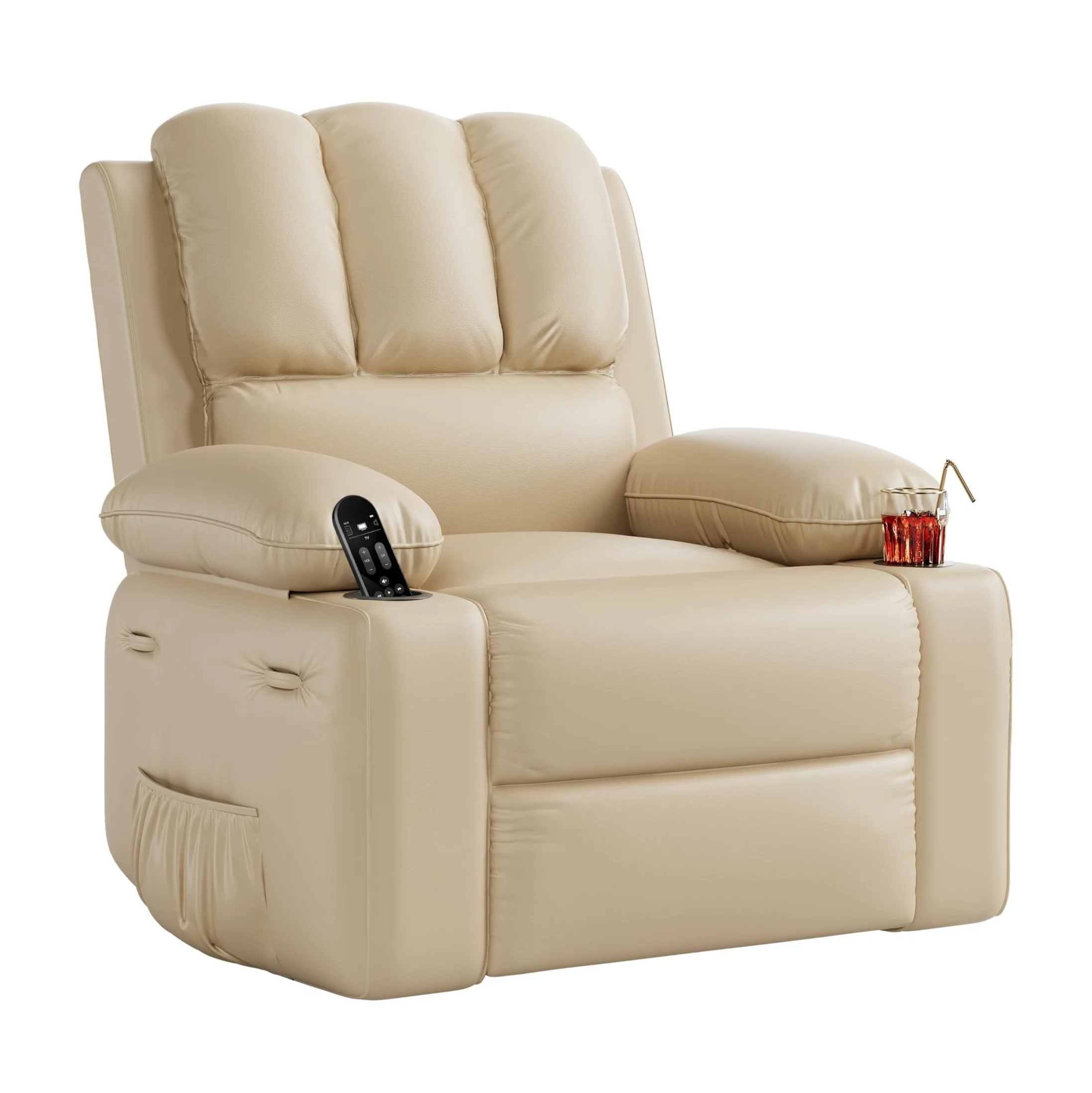 Garvee 22'' Recliner Chair, 360° Manual Rocker Swivel Recliner for Adults, Lounge Chair with Side Pockets and Cup Holders, for Living Room, Bedroom, and Nursery, Creamy