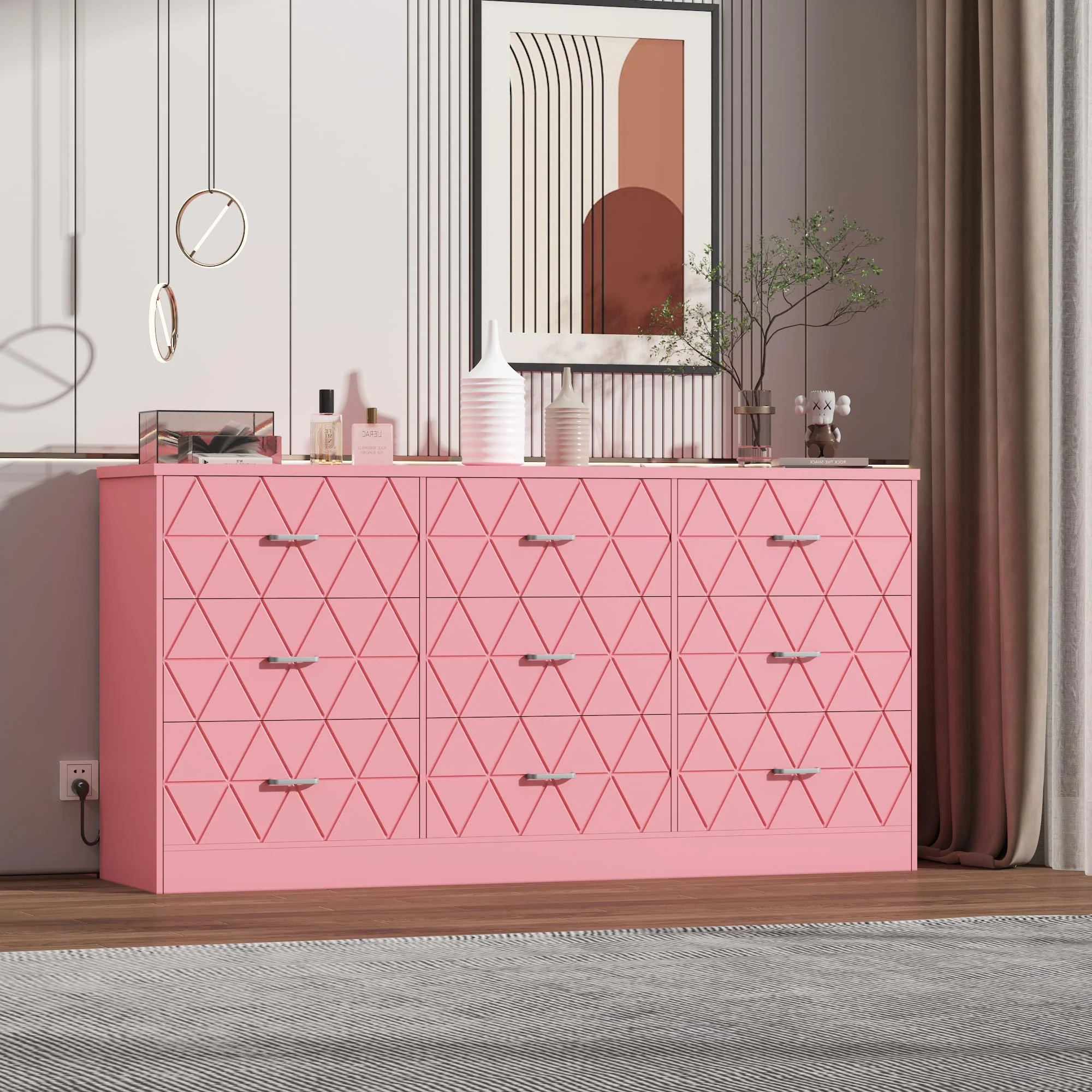 Garvee Modern Pink Bedroom Dresser with 9 Drawers, 63