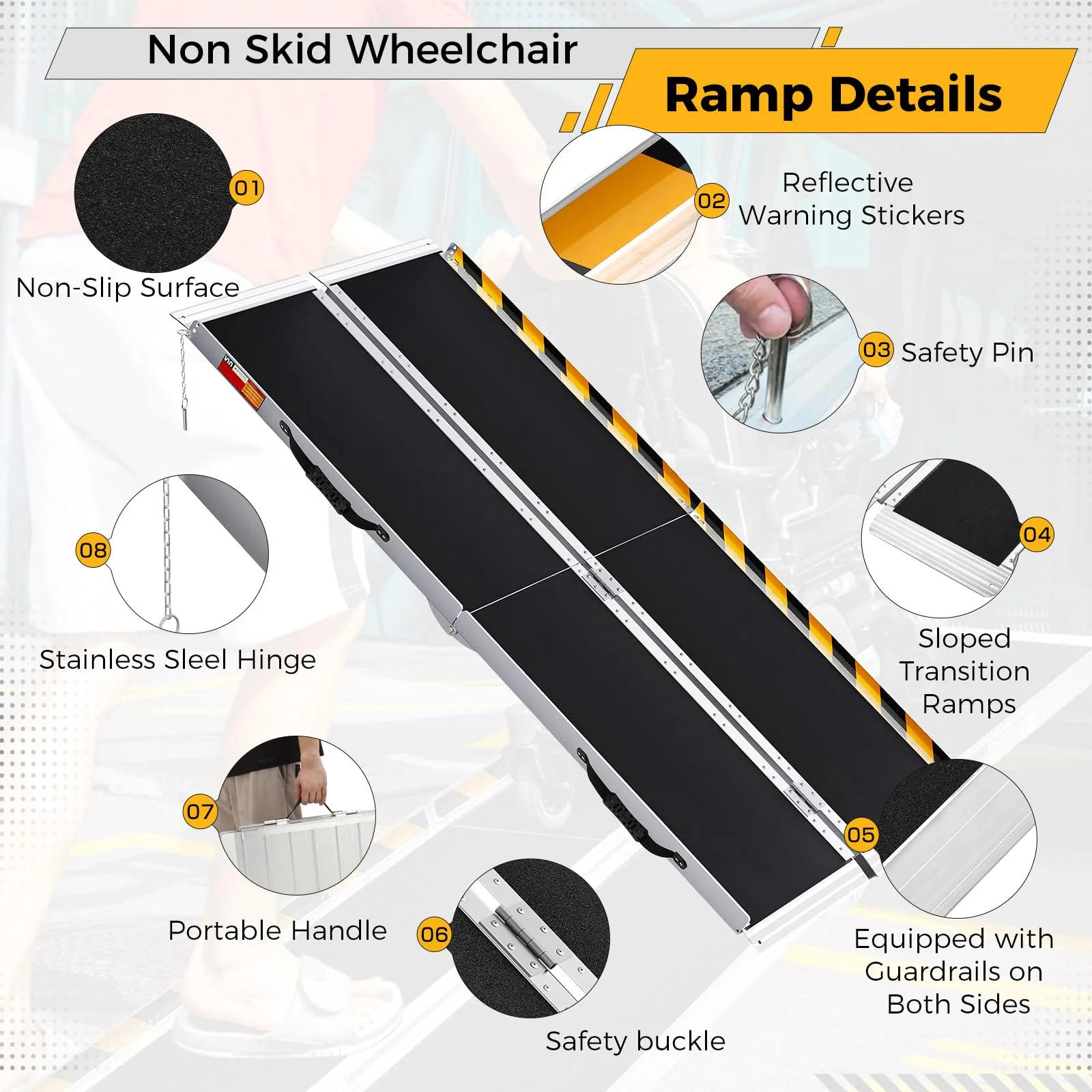 GARVEE 8ft Aluminum Wheelchair Ramp - Non-Slip Portable Foldable for Steps/Doorways/Cars (Fits Scooters, Curbs & Stairs)