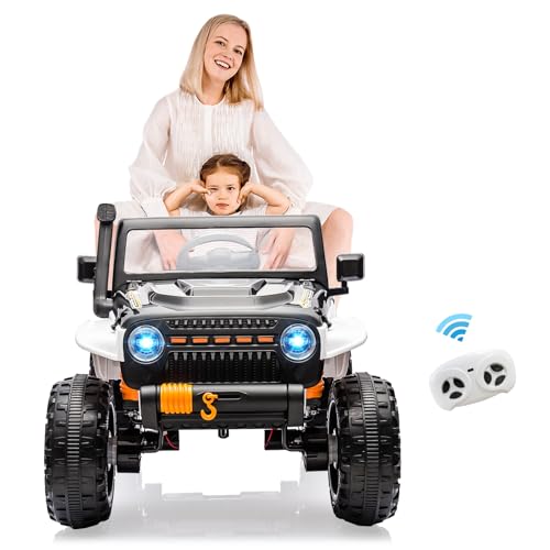 Garvee 24V 2 Seater Ride On Truck Car For Kid age 3 - 8 years, w/Remote Control, 4-Wheeler Suspension, 4x55W Powerful Engine, 4WD Battery Powered, LED Lights, Soft Braking - Black and White Mix