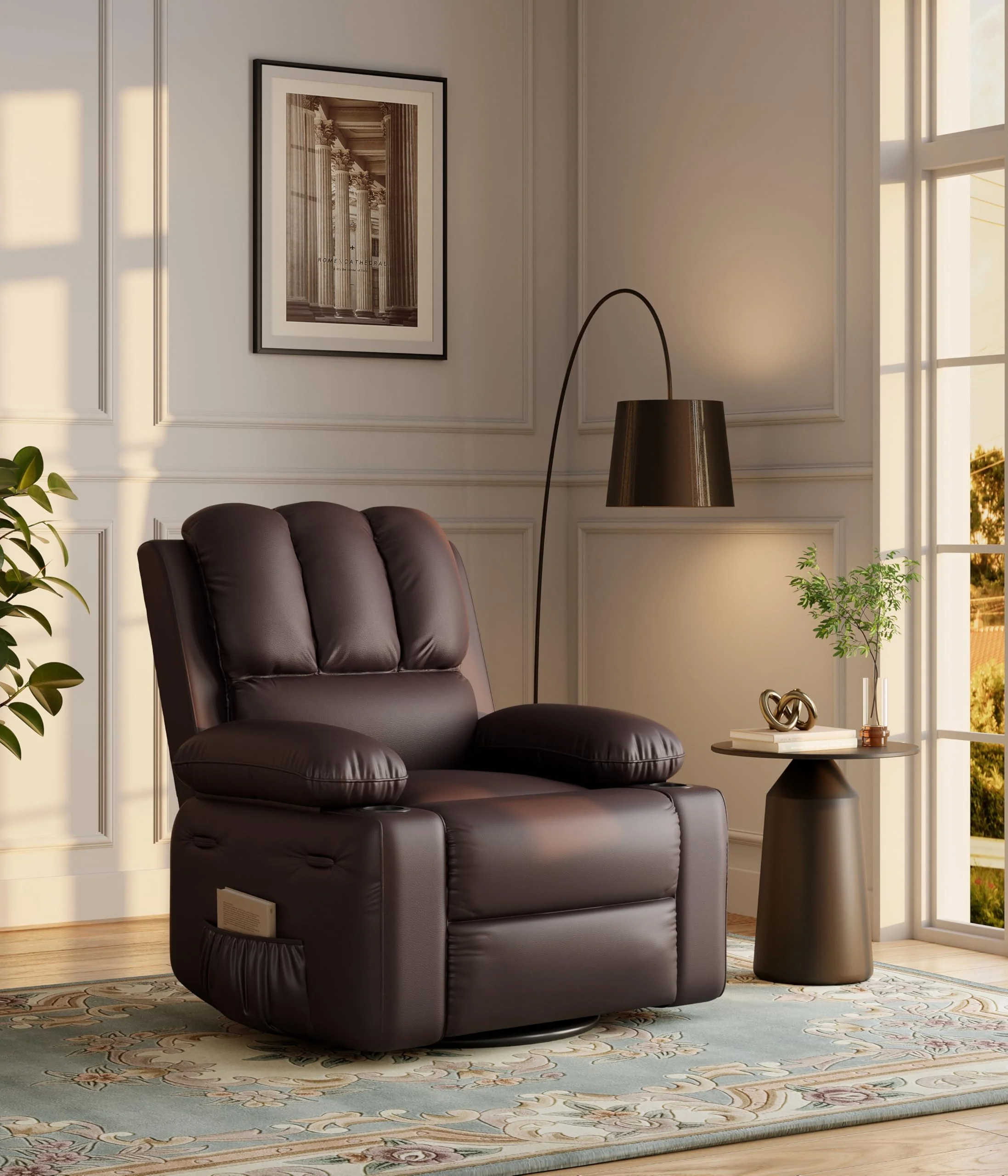 Garvee 22'' Rocker Swivel Recliner Chair, Lazy Boy Recliner for Adults, with 1.5X Sponge Filling, Side Pocket, and Cup Holder, for Living Room, Bedroom, and Nursery, Coffee
