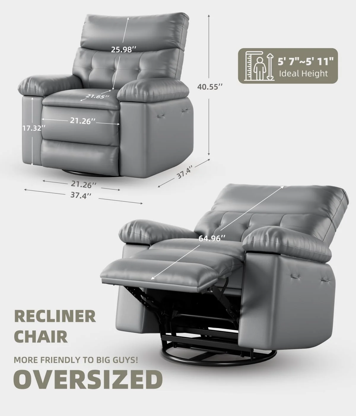 Garvee Oversized Recliner Chairs with Heat and Massage - 360° Swivel Lazy Boy Recliner Chair for Adults- Manual Rocking Chair with Cup Holder for Living Rooms, Bedrooms, and Nurseries - Grey