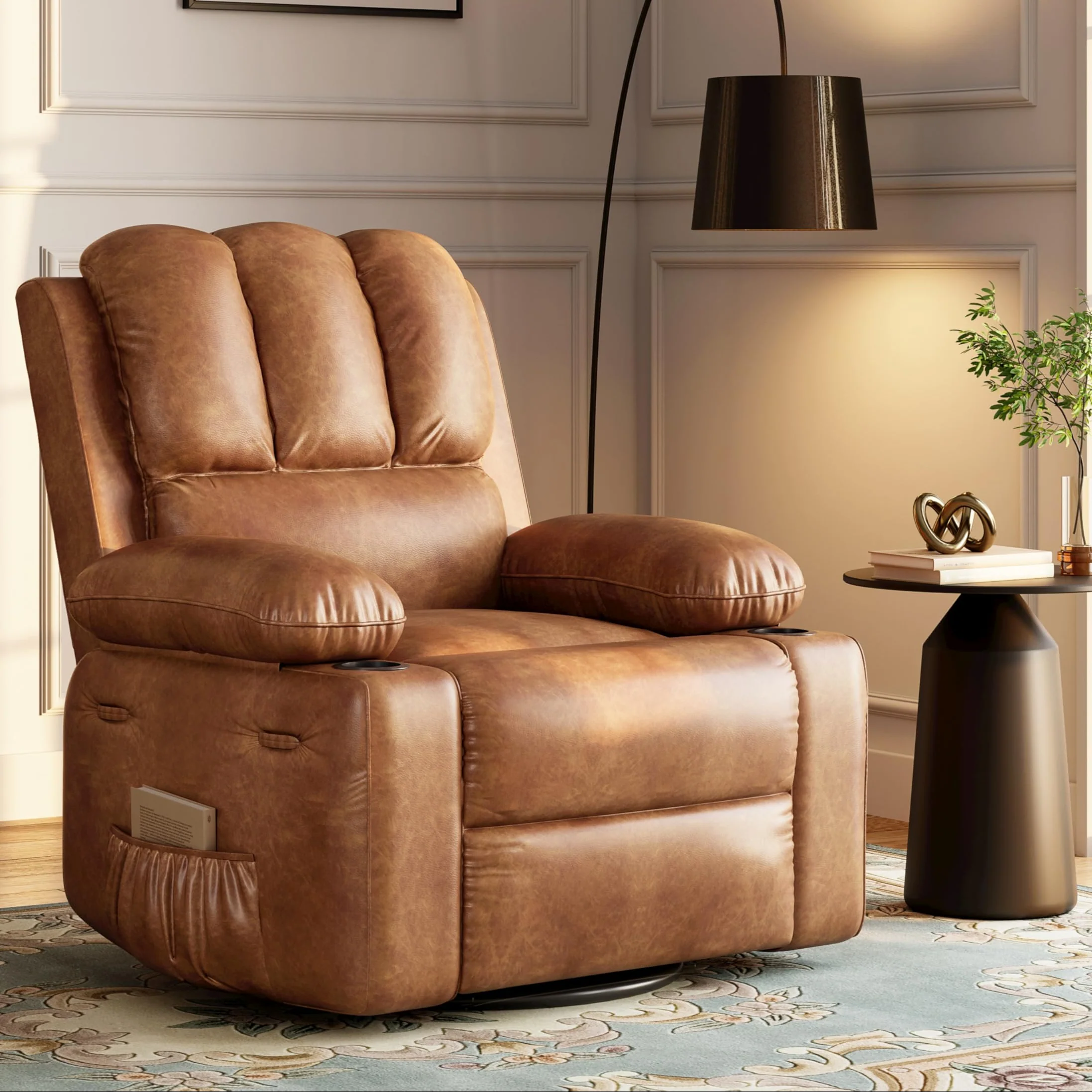 Garvee 22'' Recliner Chair, 360° Manual Rocker Swivel Recliner for Adults, Lounge Chair with Side Pockets and Cup Holders, for Living Room, Bedroom, and Nursery, Vintage Leather