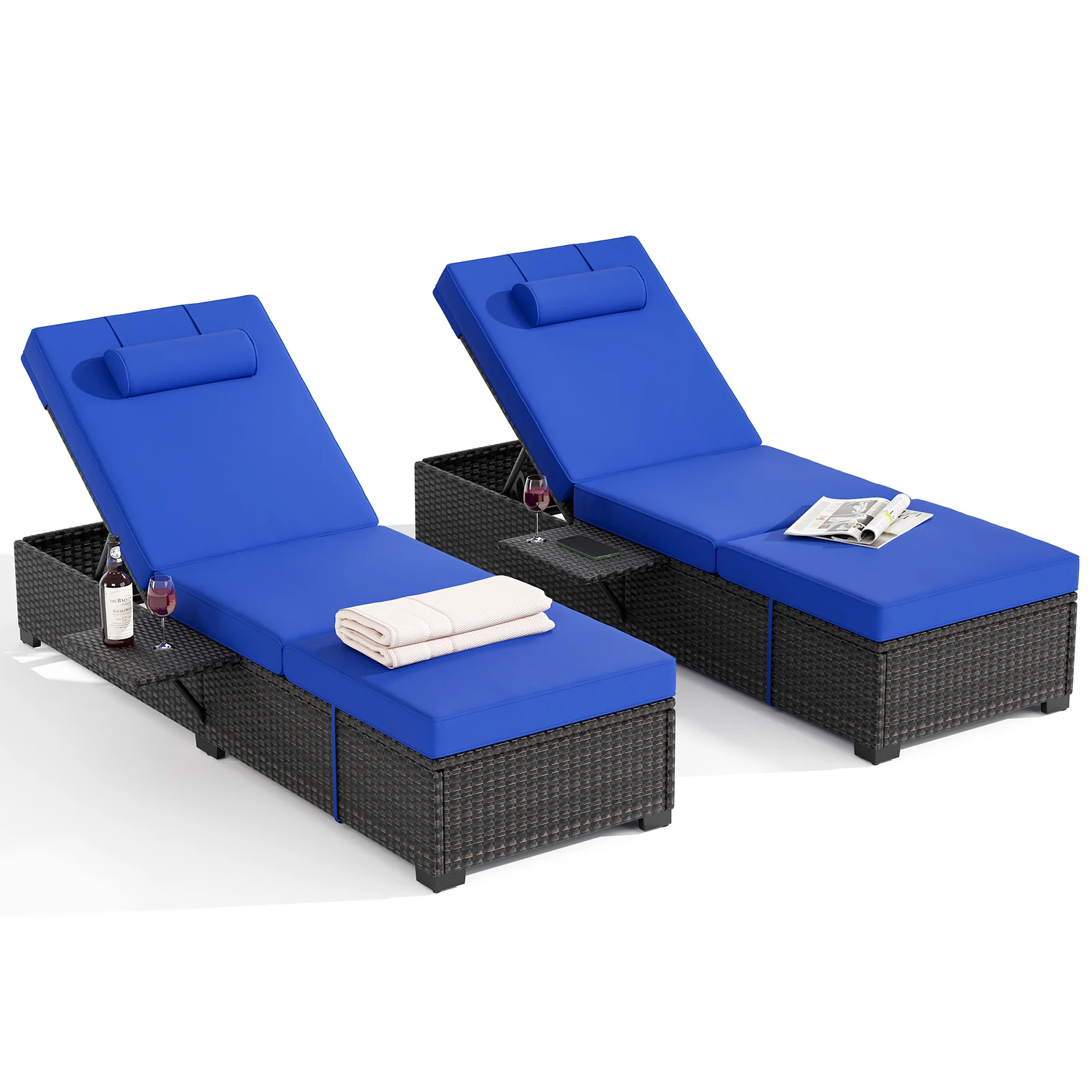 Garvee Set of 2 Outdoor Chaise Lounge Chairs, PE Rattan Recliners with Adjustable Backrest & Side Table, Thick Blue Cushions, All-Weather Steel Frame for Poolside Patio, Brown Rattan