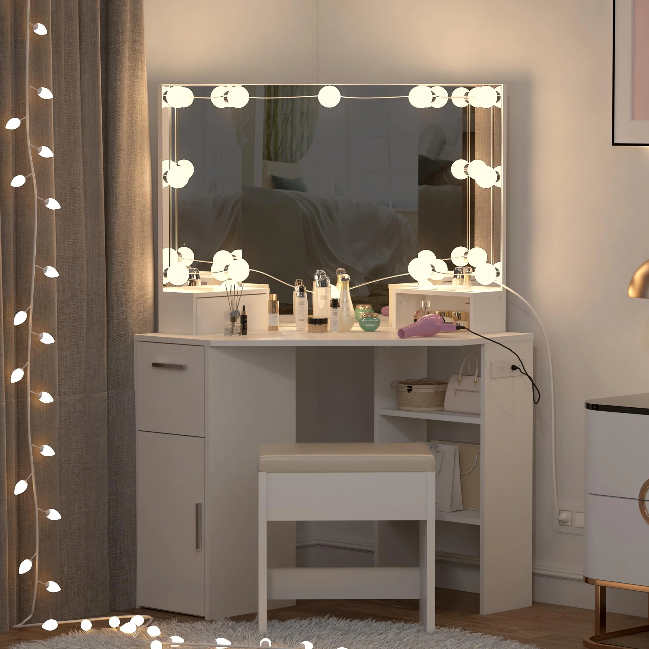 Garvee Corner Vanity Mirror with Lights and Table Set & Power Outlet, Makeup Vanity Table with Lights with 2 Drawers & Stool, 3 Ligthing Color Vanity Desk, White