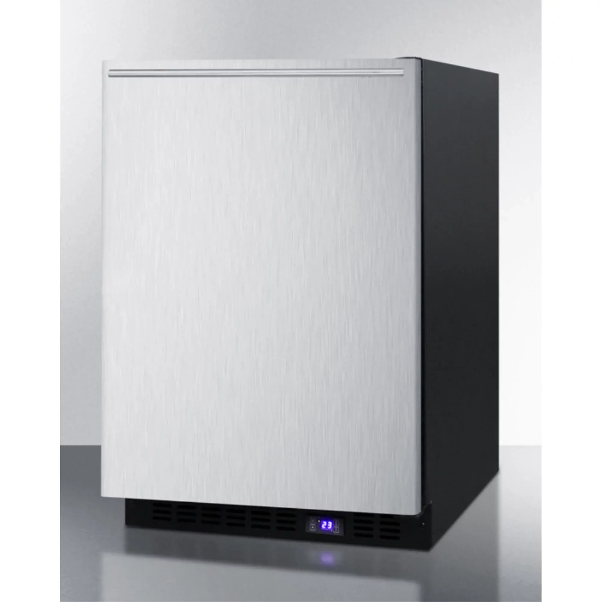 Frost-free built-in undercounter all-freezer for residential or commercial use, with stainless steel door, horizontal handle, and black cabinet