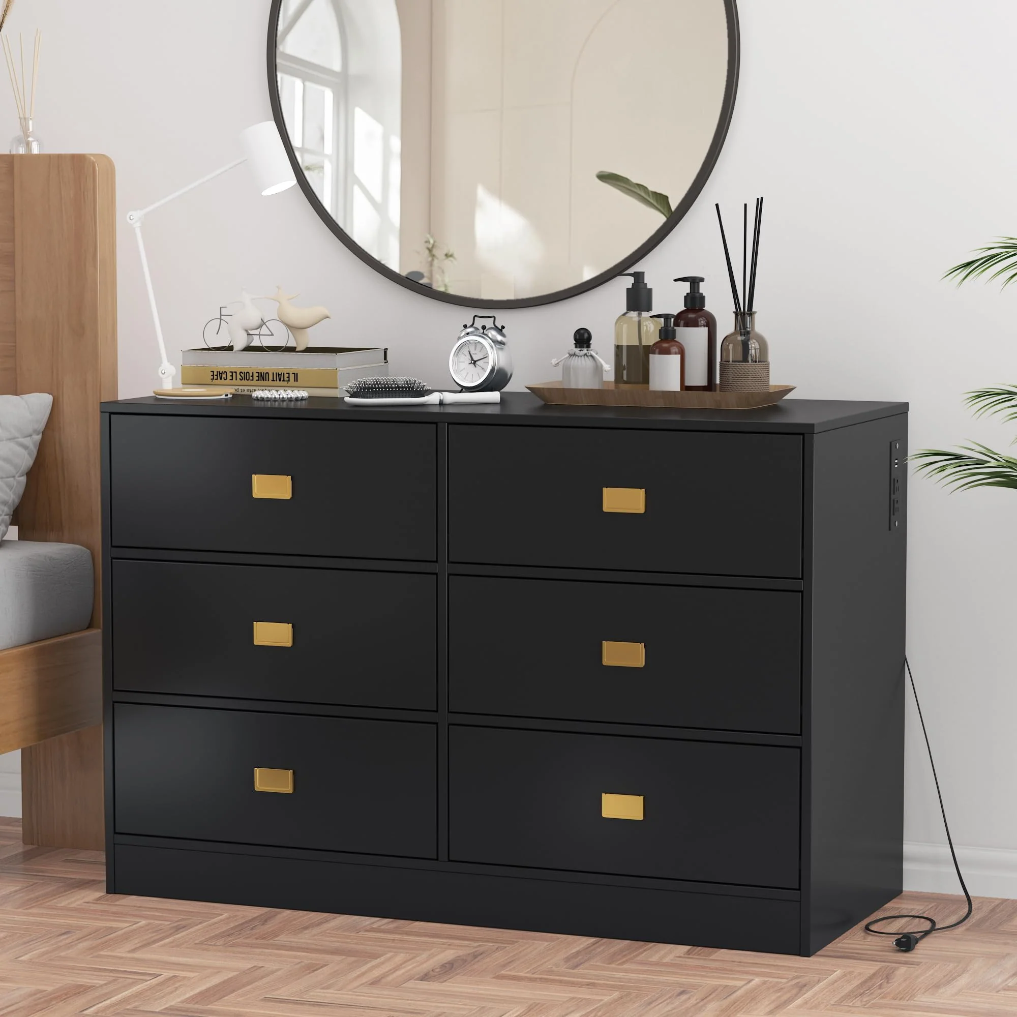 Garvee Baby Changing Table Dresser, Dresser with Changing Table Top 6 Drawers, Nursery Dresser Diaper Changing Station for Baby with Power Outlets, Changing Pad & Removable Top, Black