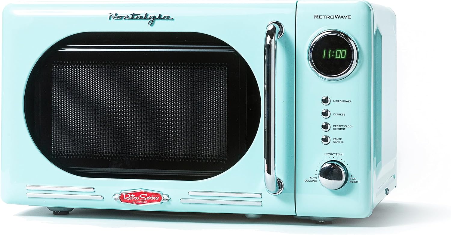 2026 Nostalgia Retro Compact Countertop Microwave Oven – 0.7 Cu. Ft. – 700-Watts with LED Digital Display – Child Lock – Easy Clean Interior – Aqua